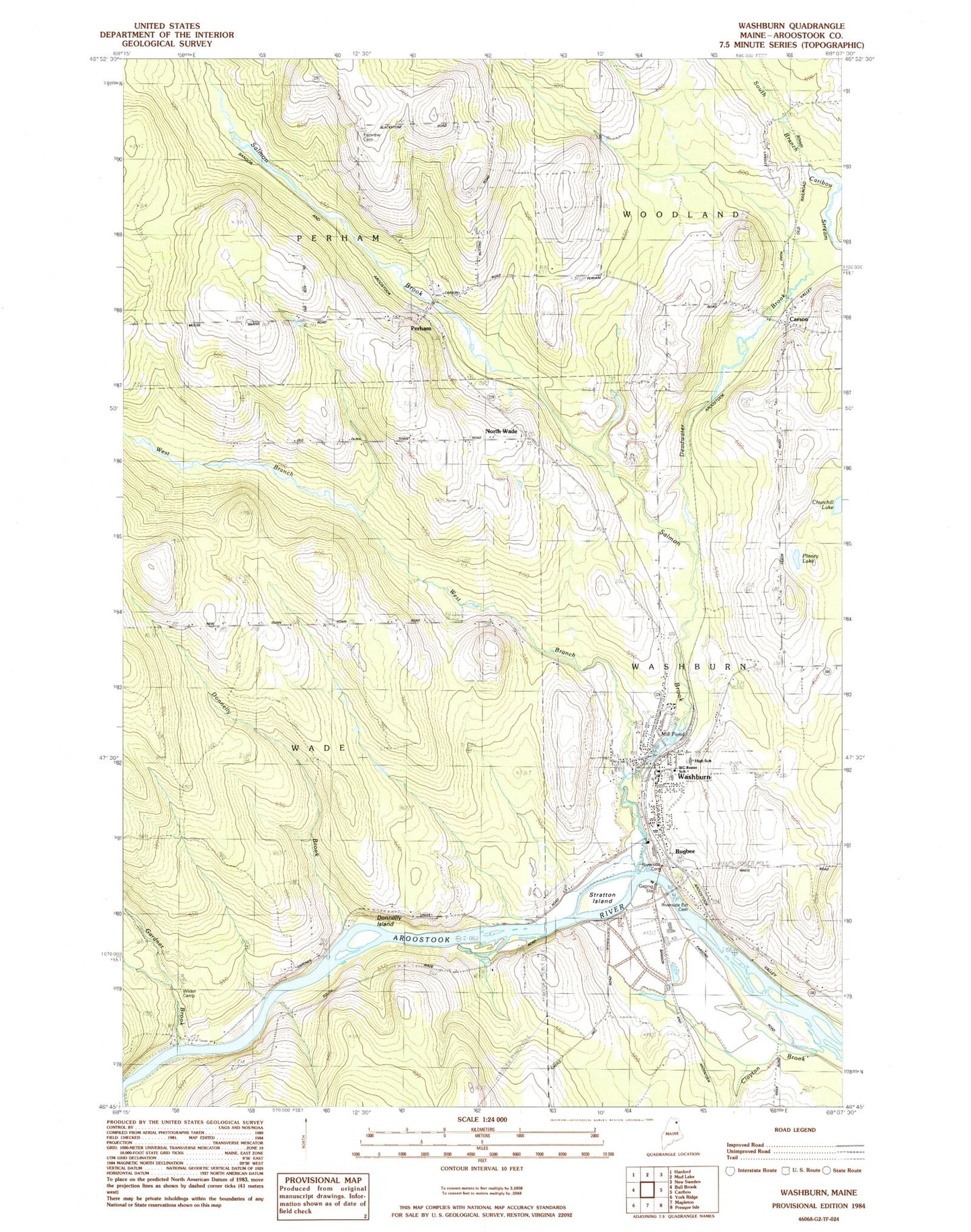 Classic USGS Washburn Maine 7.5'x7.5' Topo Map Image