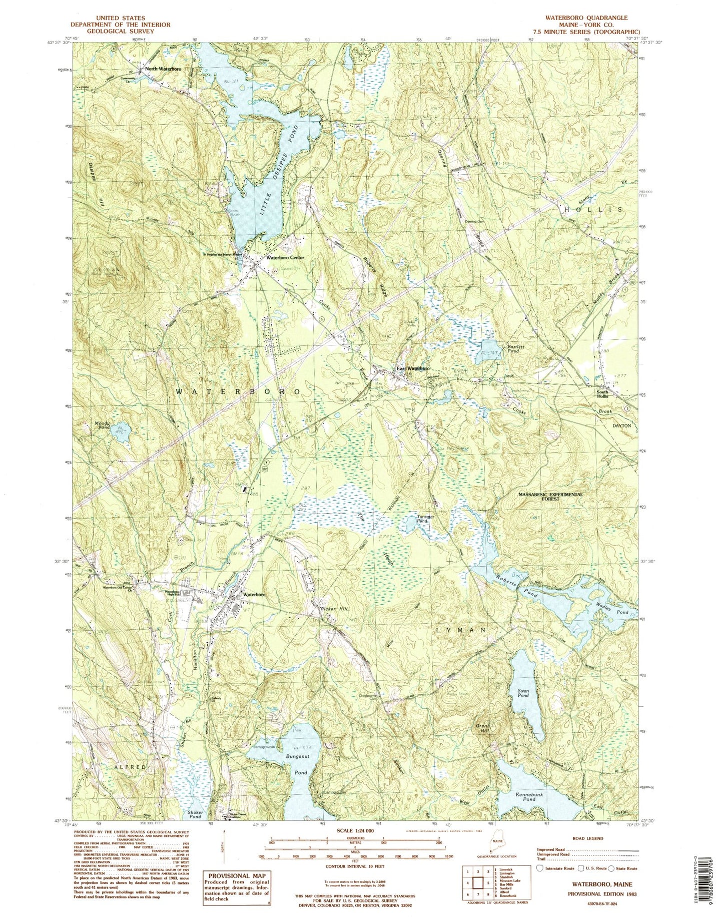 Classic USGS Waterboro Maine 7.5'x7.5' Topo Map Image