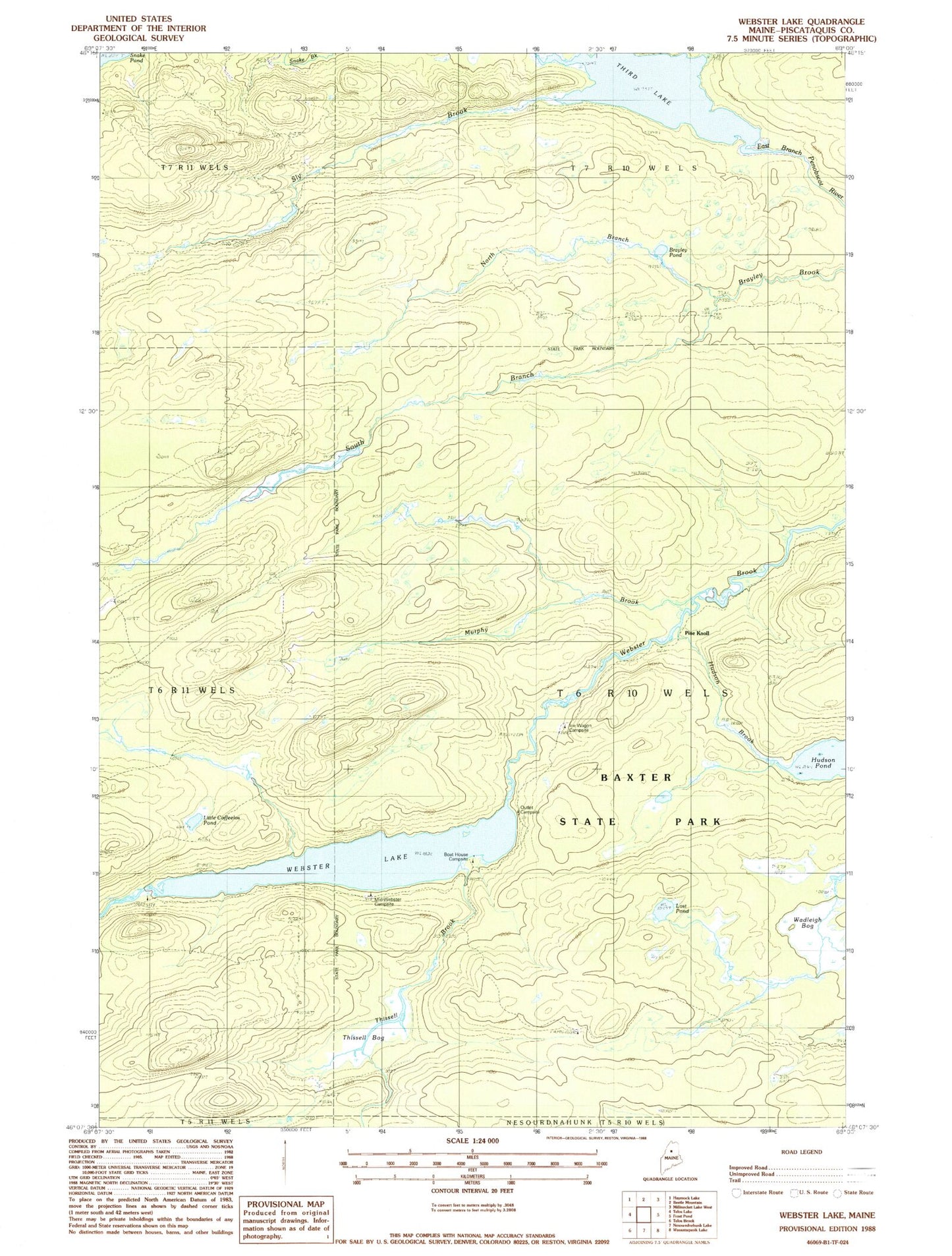 Classic USGS Webster Lake Maine 7.5'x7.5' Topo Map Image