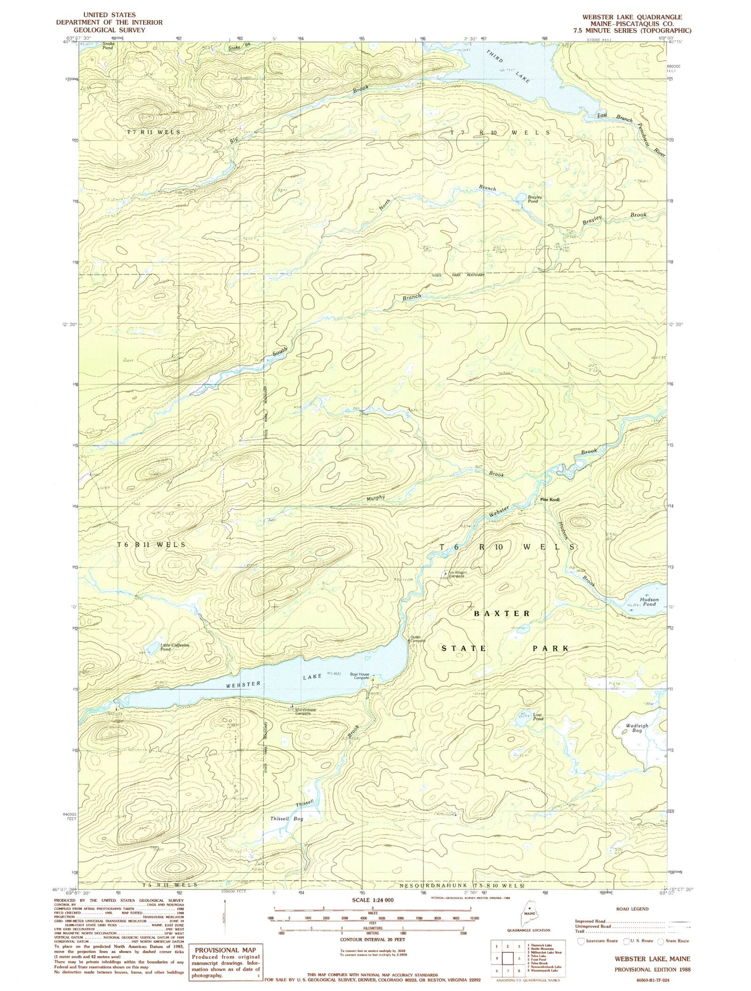 Classic USGS Webster Lake Maine 7.5'x7.5' Topo Map Image