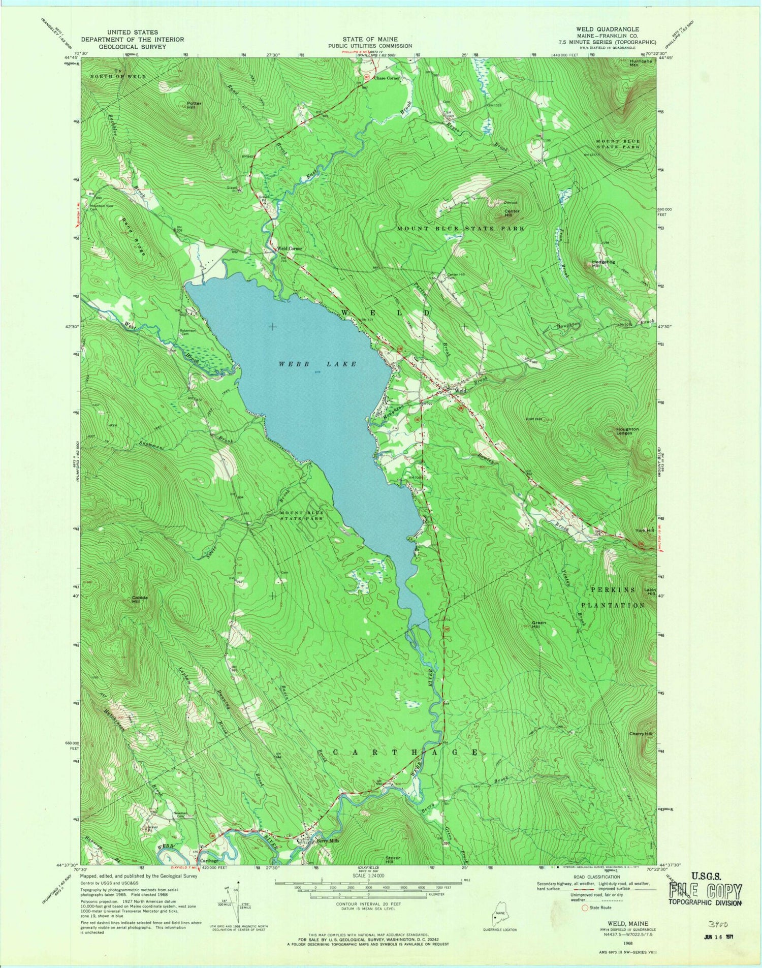 Classic USGS Weld Maine 7.5'x7.5' Topo Map Image