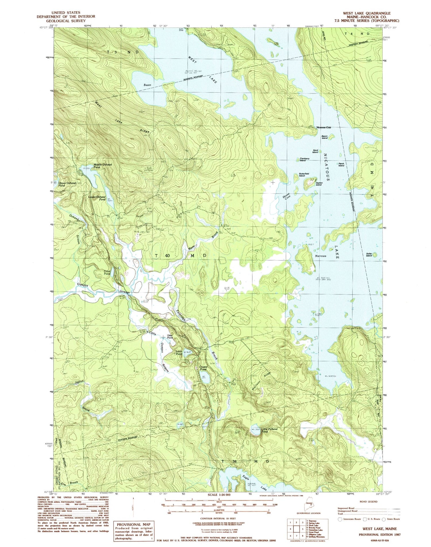 Classic USGS West Lake Maine 7.5'x7.5' Topo Map Image