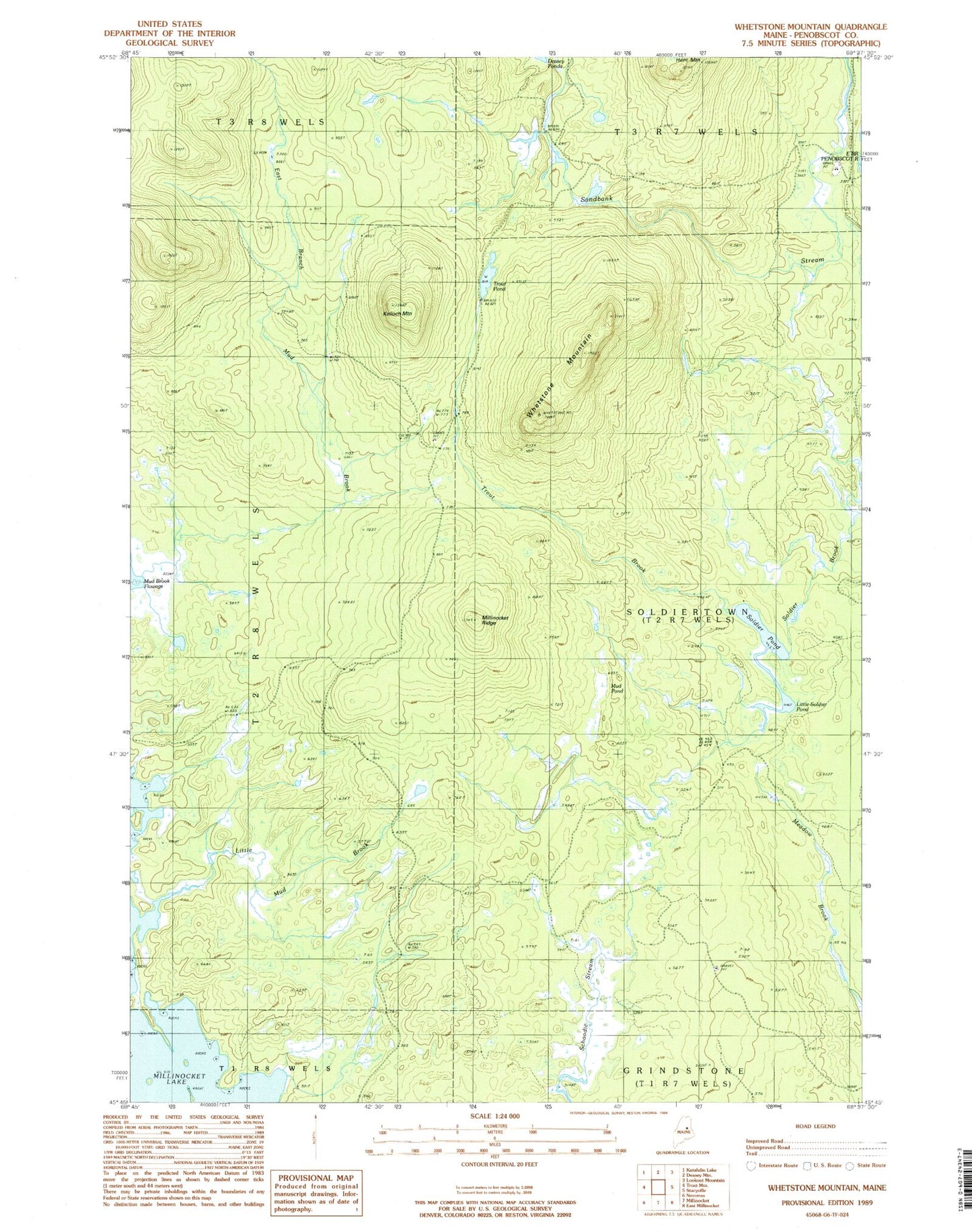 Classic USGS Whetstone Mountain Maine 7.5'x7.5' Topo Map Image