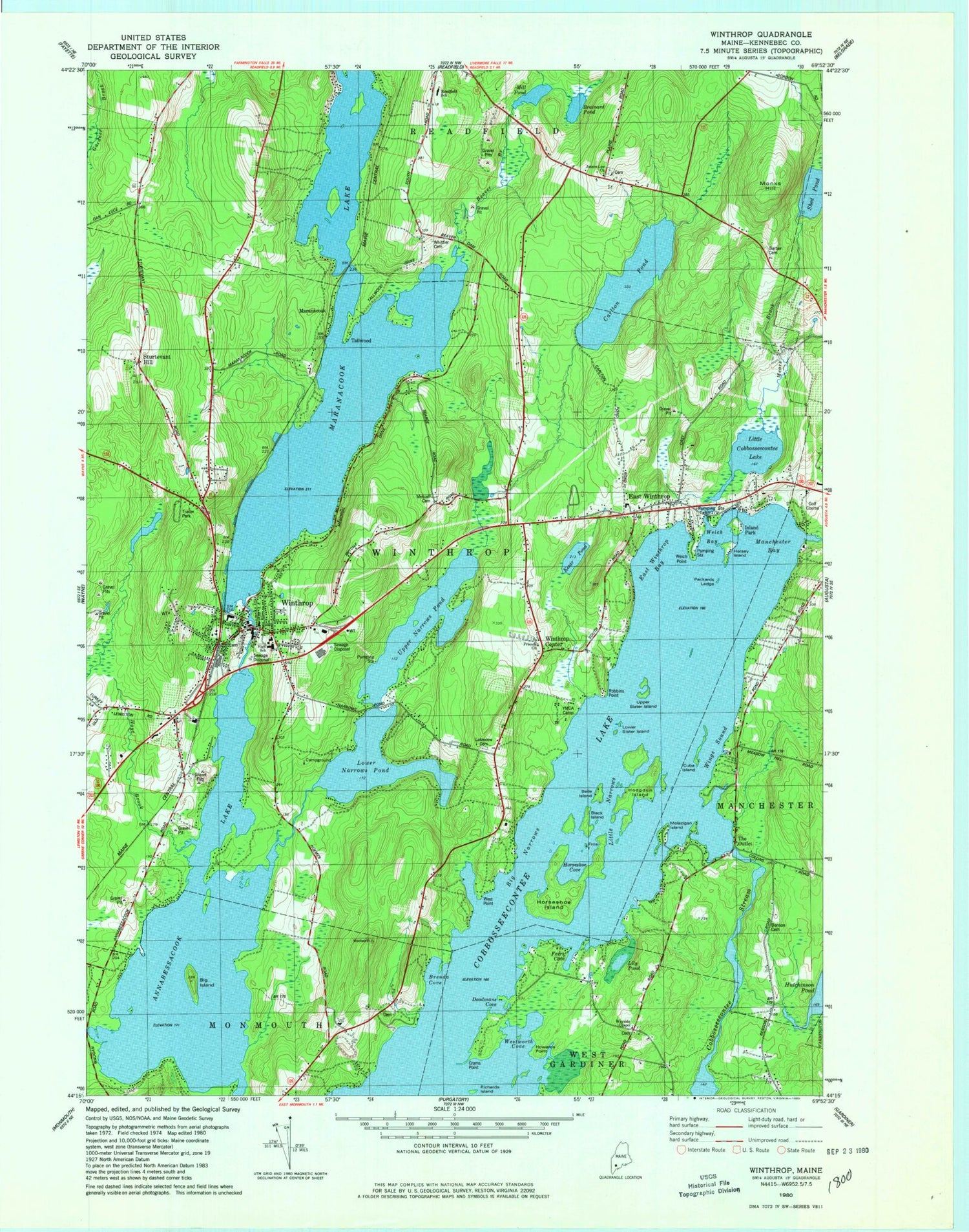 Classic USGS Winthrop Maine 7.5'x7.5' Topo Map Image