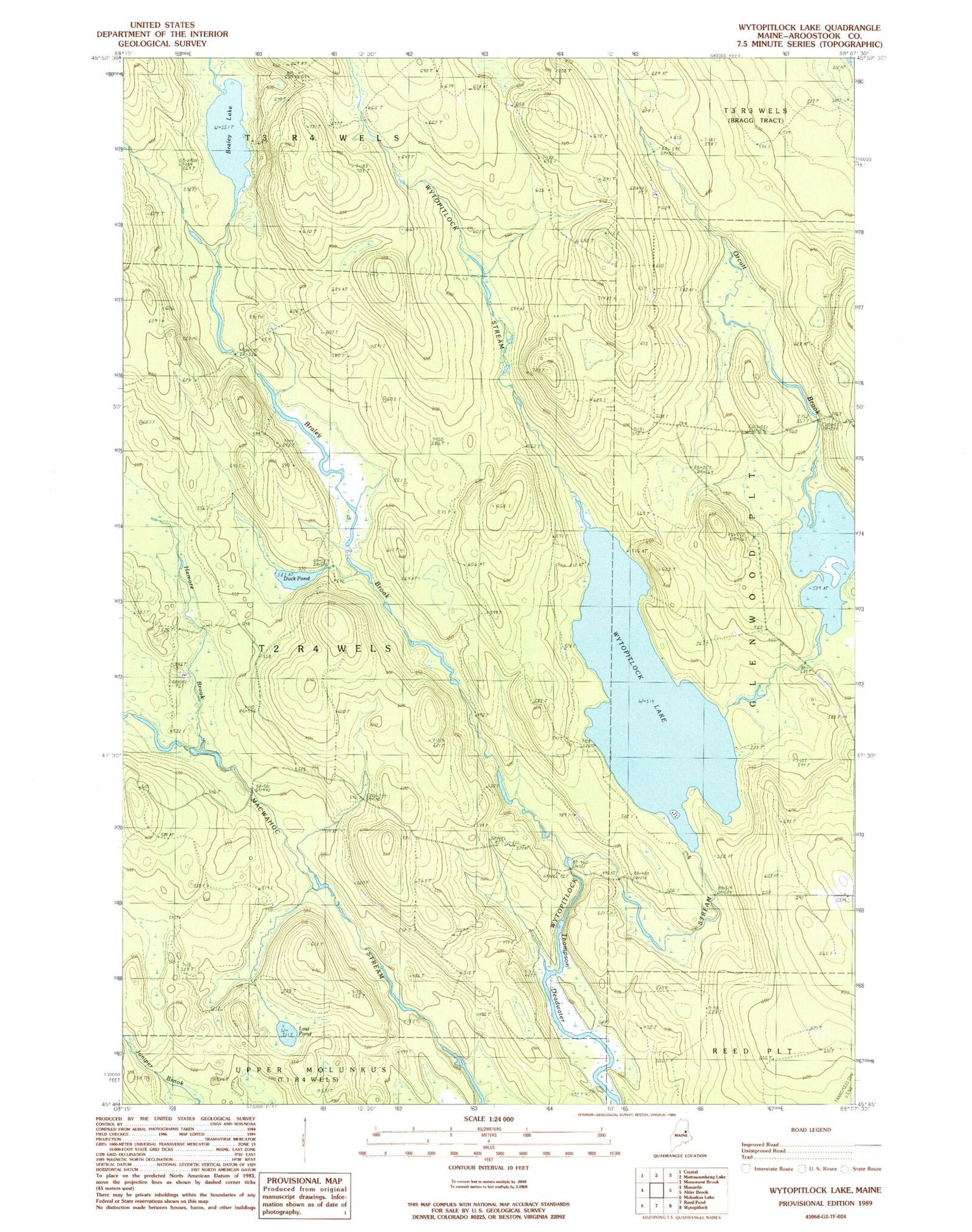 Classic USGS Wytopitlock Lake Maine 7.5'x7.5' Topo Map Image