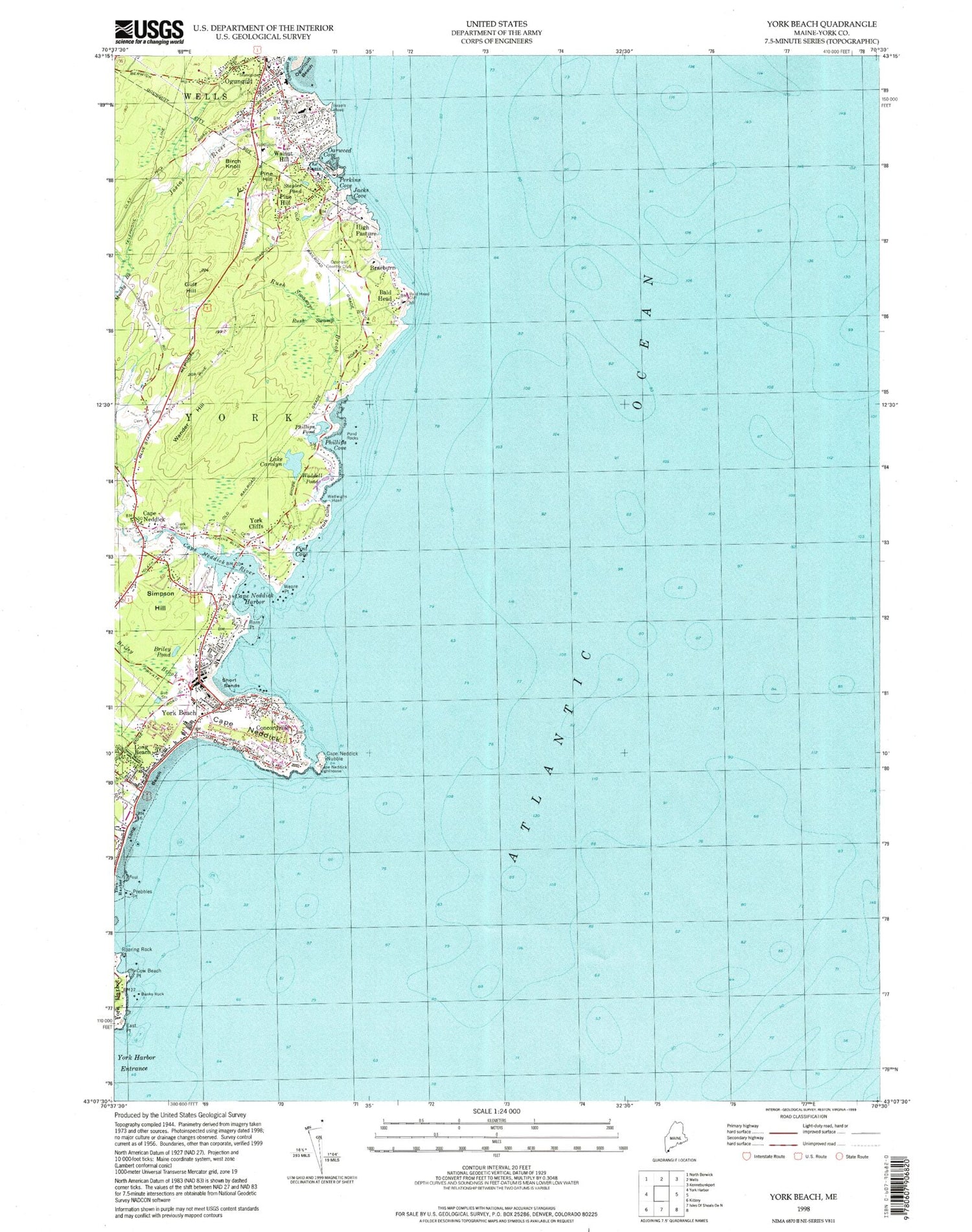 Classic USGS York Beach Maine 7.5'x7.5' Topo Map Image