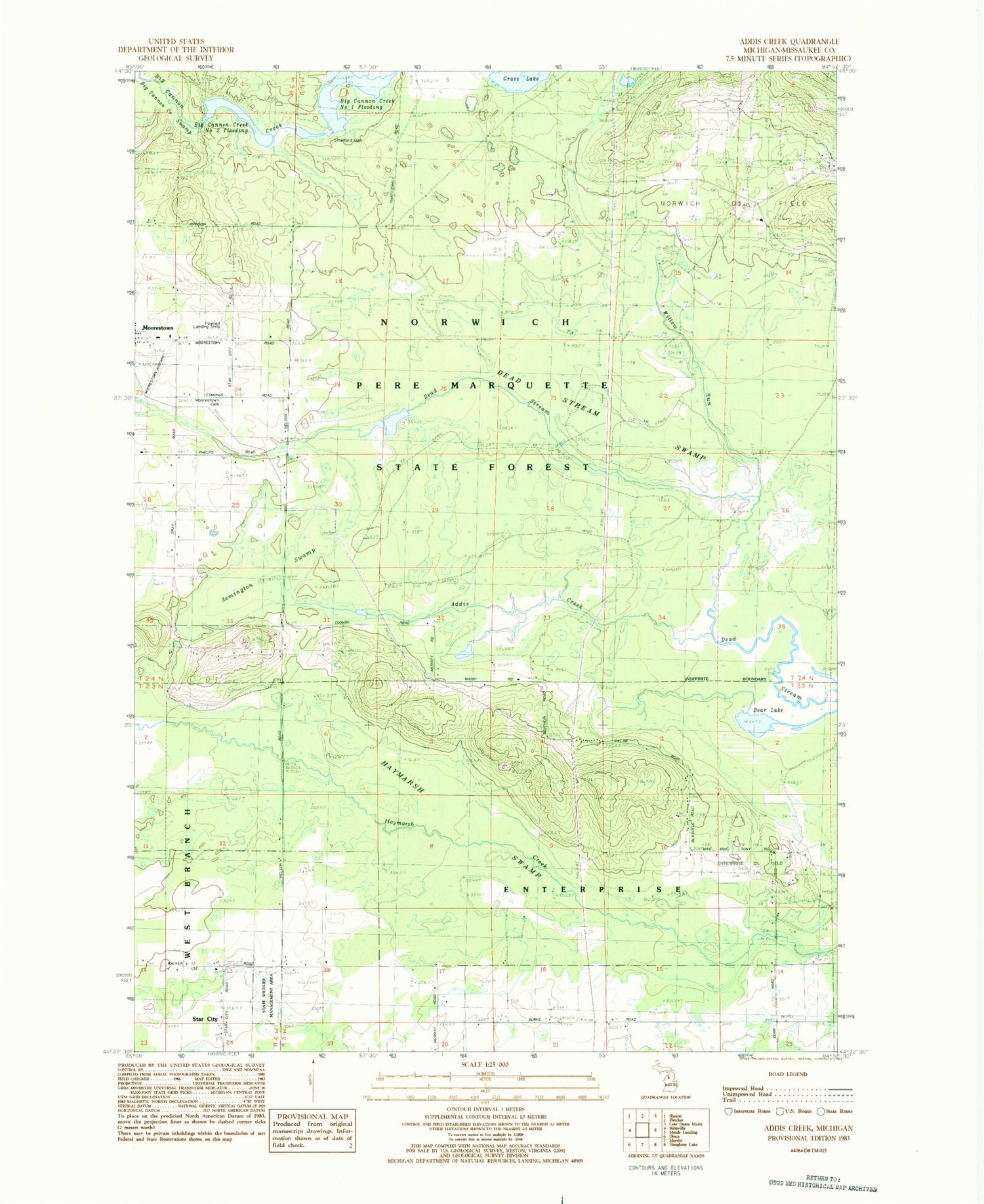 Classic USGS Addis Creek Michigan 7.5'x7.5' Topo Map Image