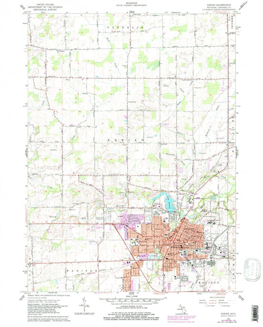 Classic USGS Adrian Michigan 7.5'x7.5' Topo Map Image