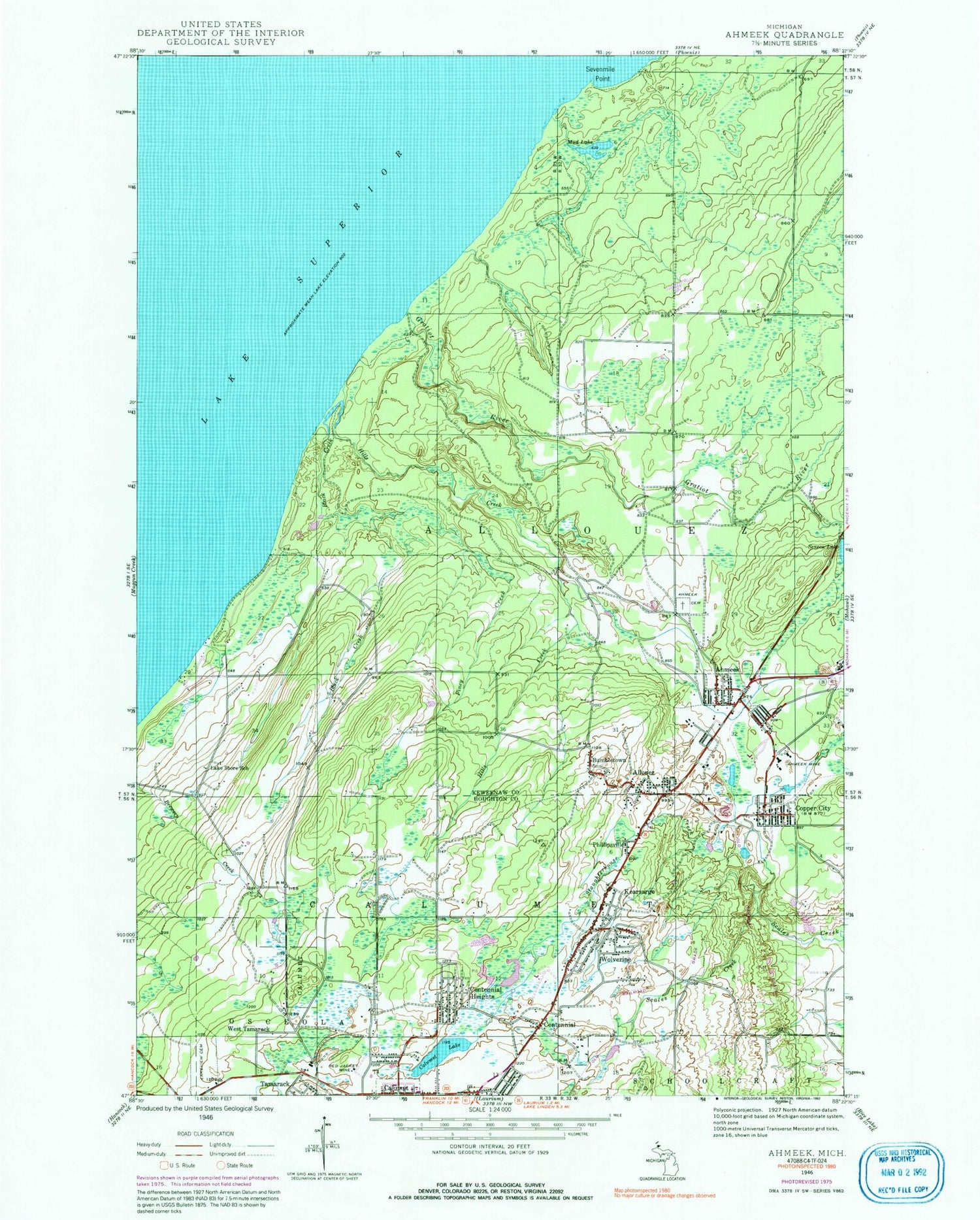 Classic USGS Ahmeek Michigan 7.5'x7.5' Topo Map Image