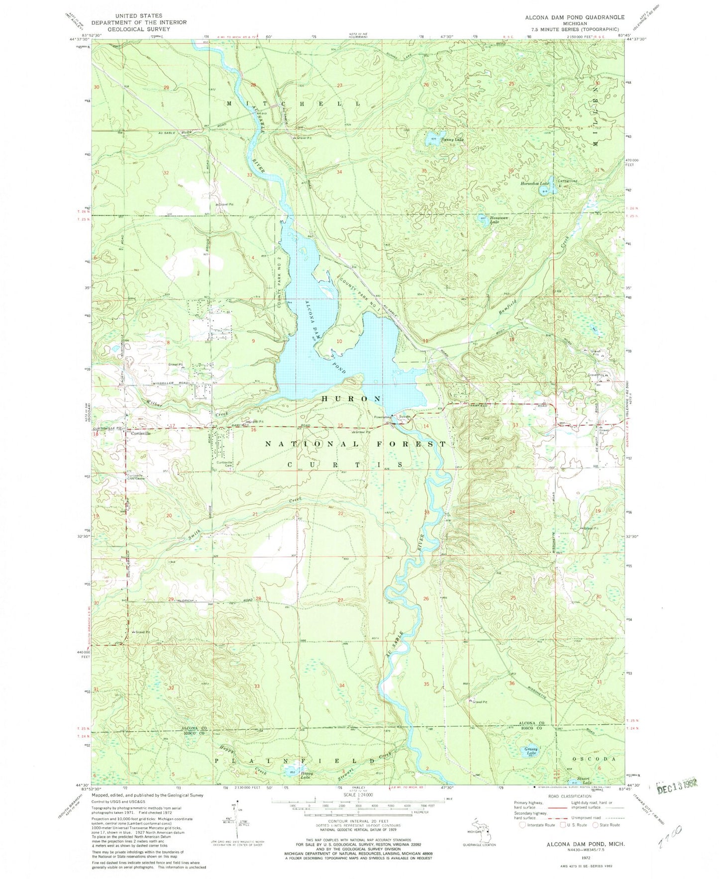 Classic USGS Alcona Dam Pond Michigan 7.5'x7.5' Topo Map Image