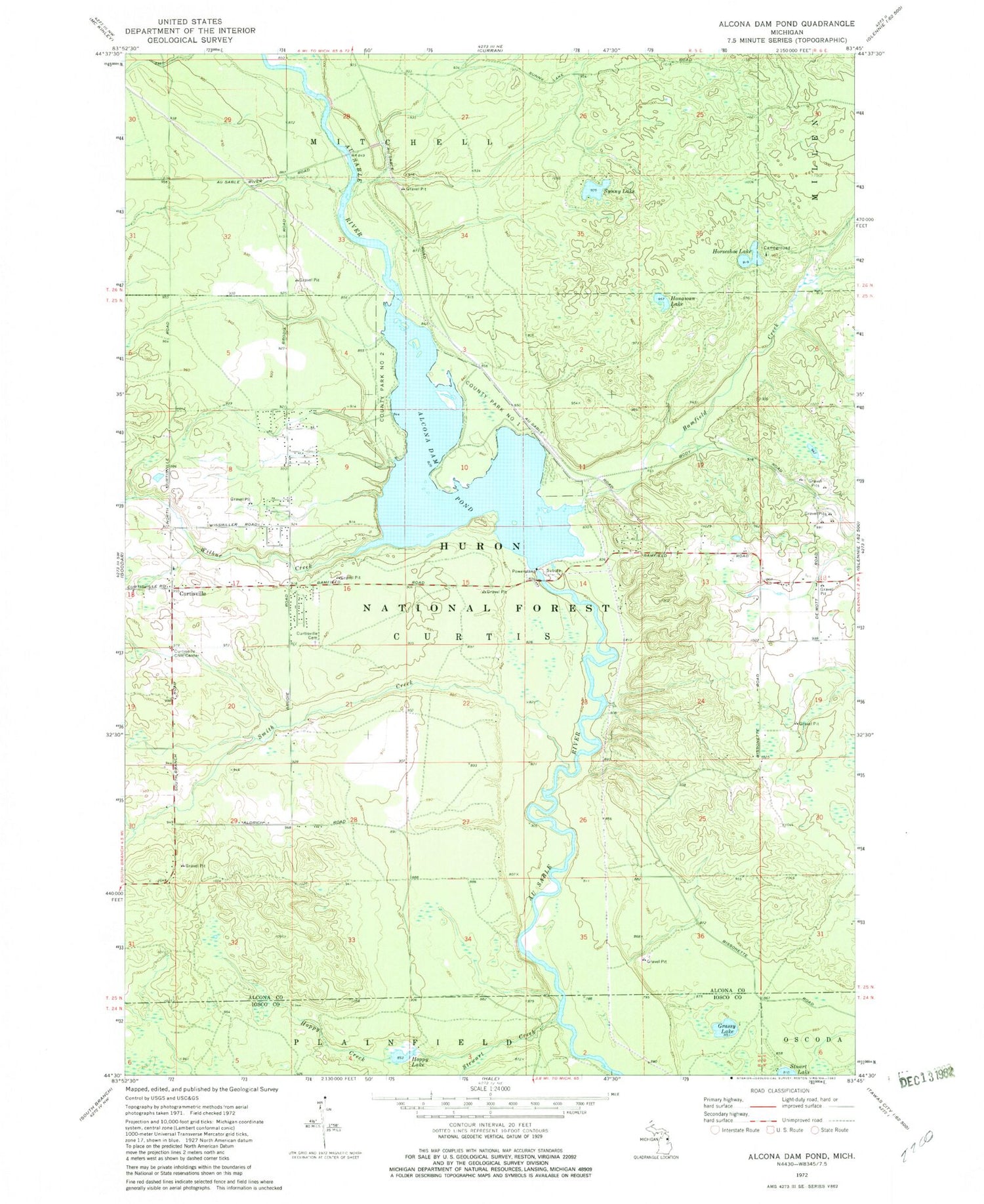 Classic USGS Alcona Dam Pond Michigan 7.5'x7.5' Topo Map Image