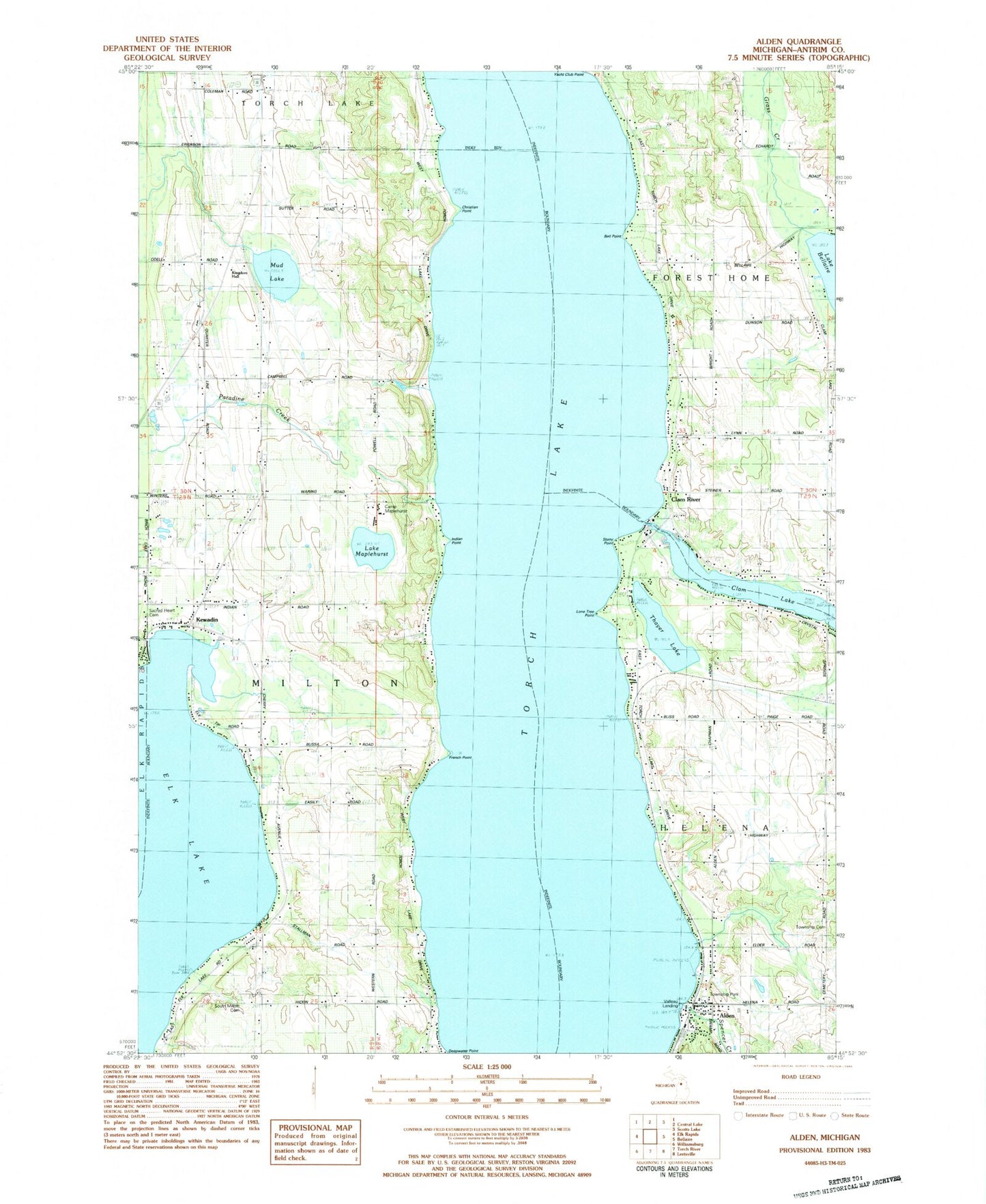 Classic USGS Alden Michigan 7.5'x7.5' Topo Map Image