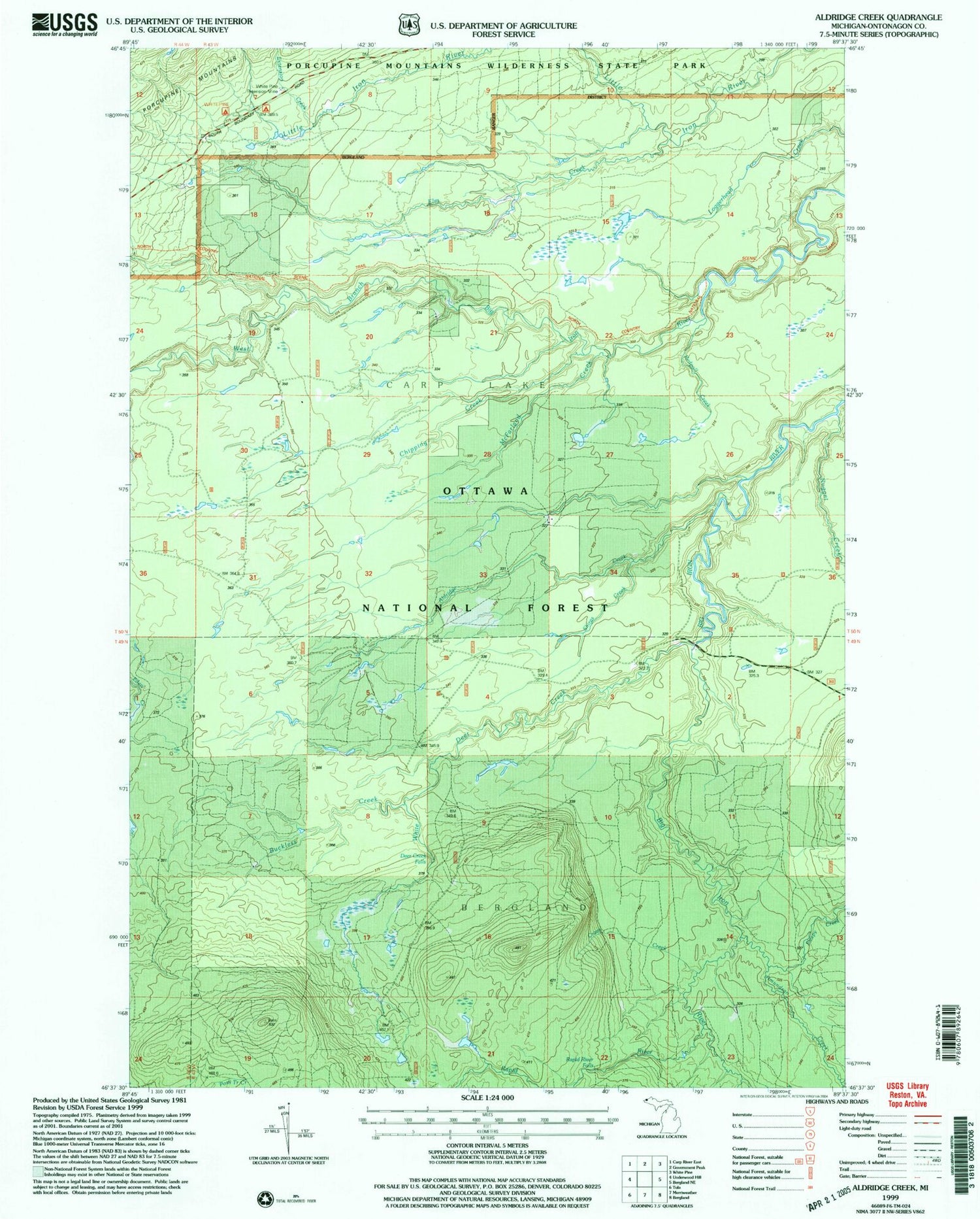 Classic USGS Aldridge Creek Michigan 7.5'x7.5' Topo Map Image
