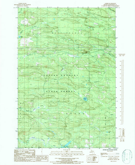 Classic USGS Alfred Michigan 7.5'x7.5' Topo Map Image