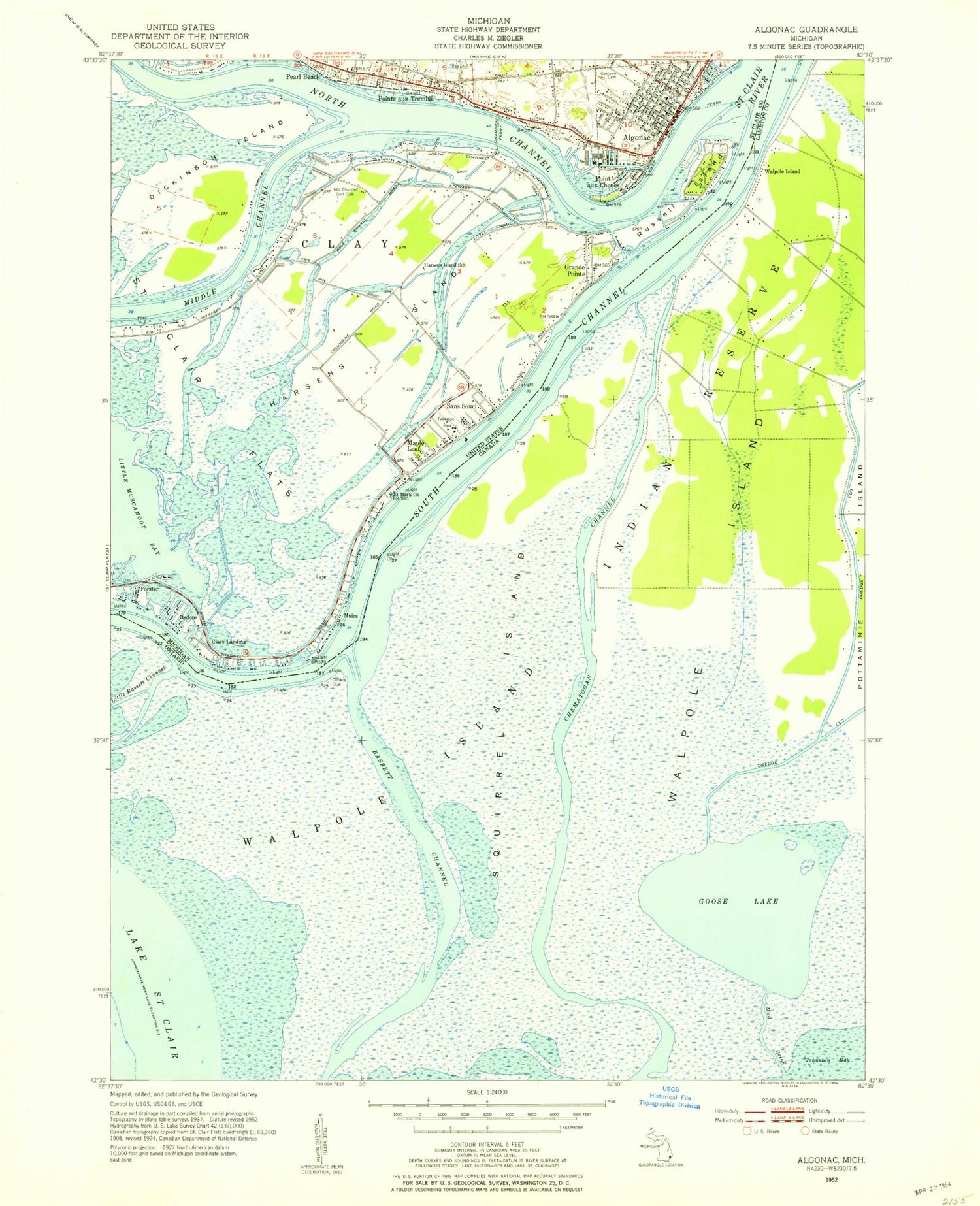 Classic USGS Algonac Michigan 7.5'x7.5' Topo Map Image