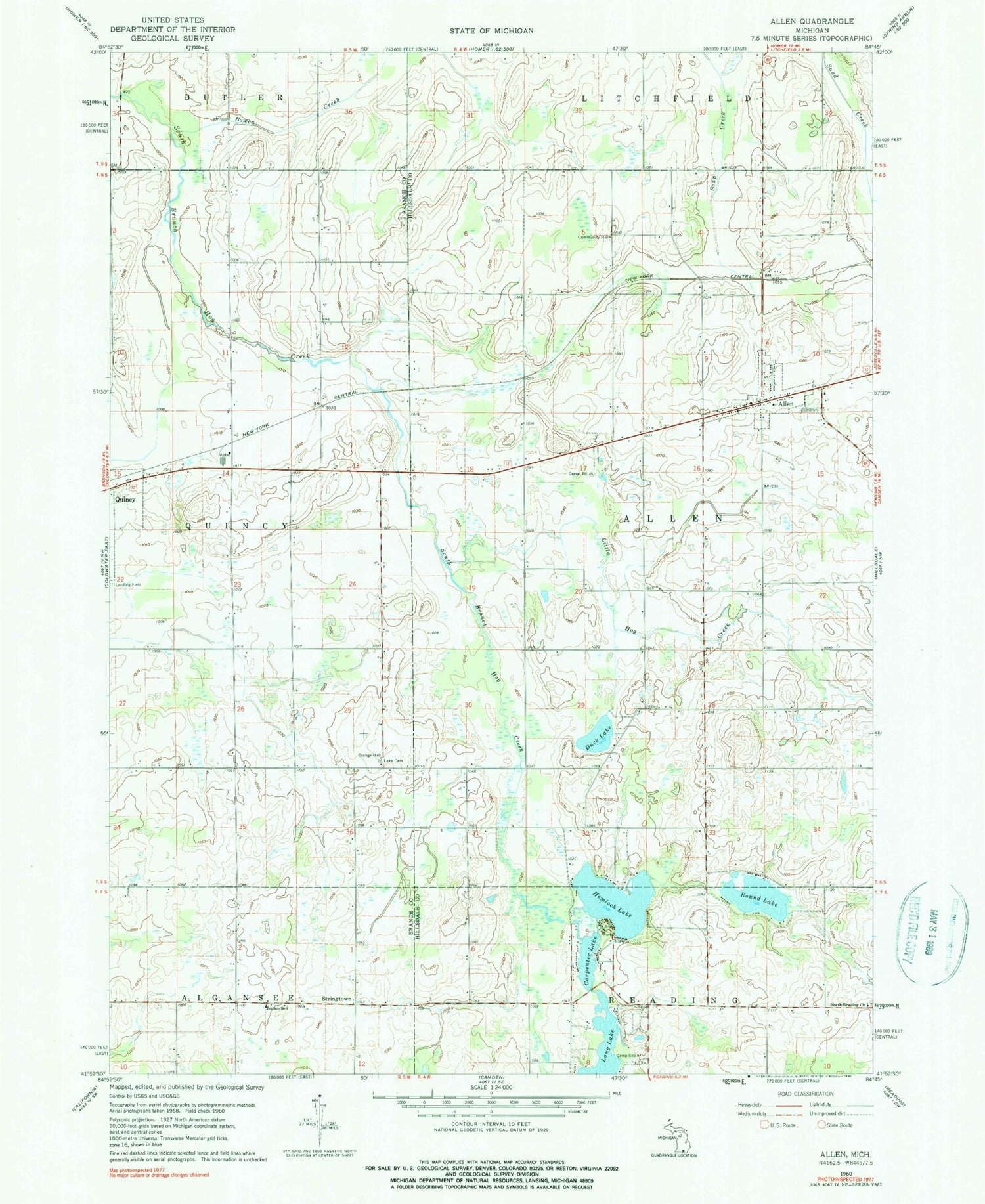 Classic USGS Allen Michigan 7.5'x7.5' Topo Map Image