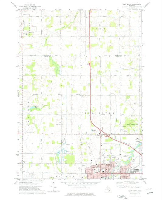 Classic USGS Alma North Michigan 7.5'x7.5' Topo Map Image