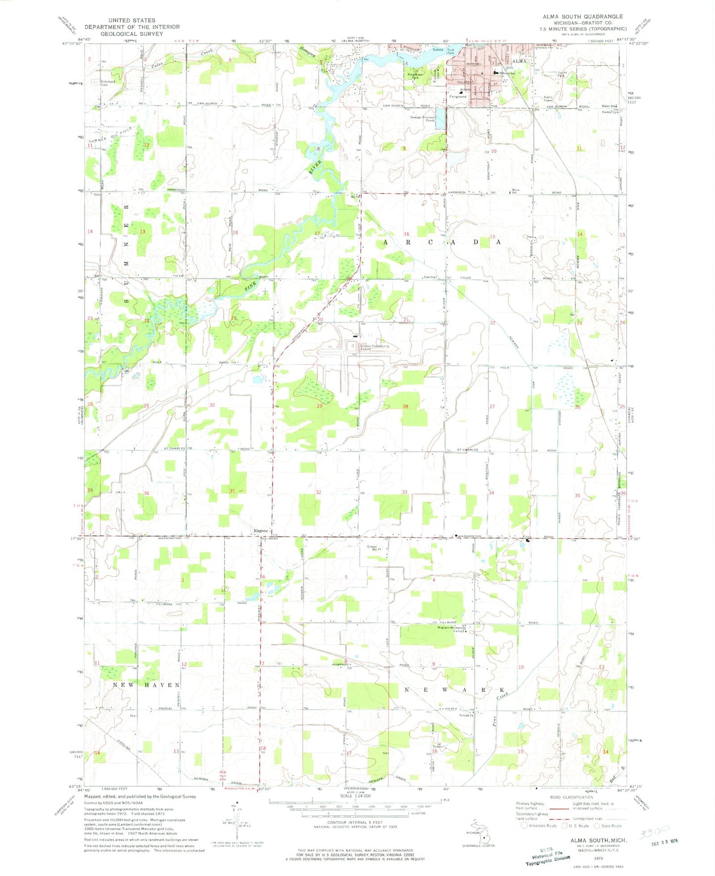 Classic USGS Alma South Michigan 7.5'x7.5' Topo Map Image