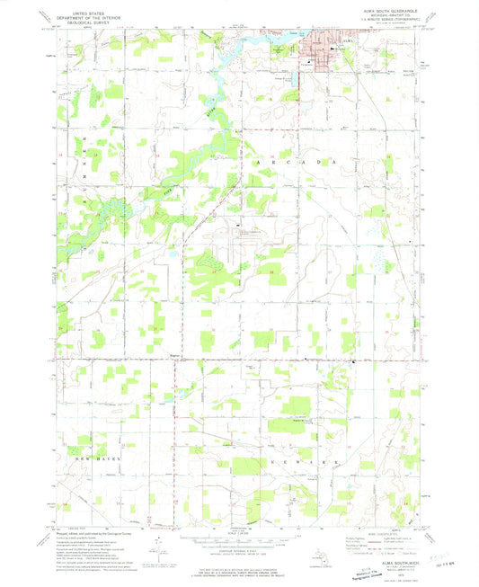 Classic USGS Alma South Michigan 7.5'x7.5' Topo Map Image
