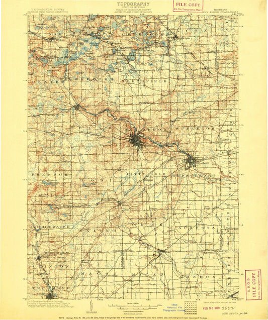 Historic 1908 Ann Arbor Michigan 30'x30' Topo Map Image