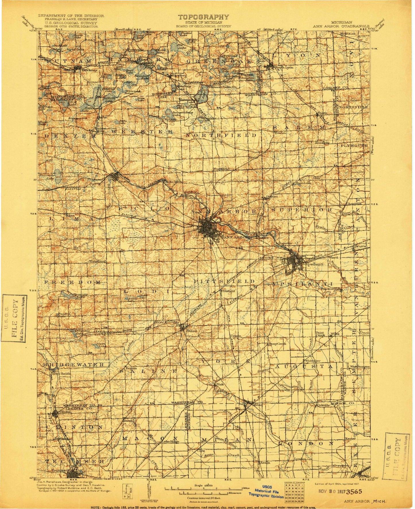 Historic 1904 Ann Arbor Michigan 30'x30' Topo Map Image