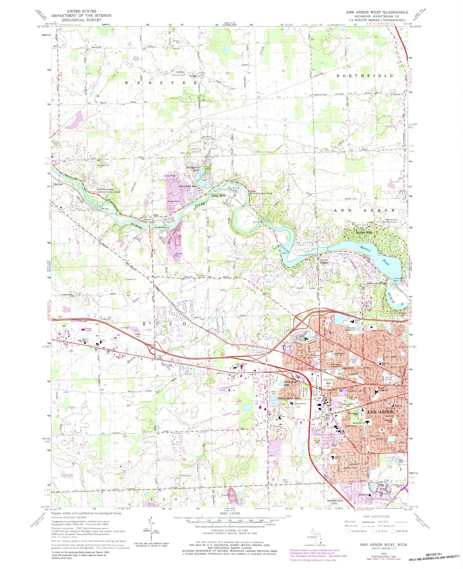 Classic USGS Ann Arbor West Michigan 7.5'x7.5' Topo Map Image