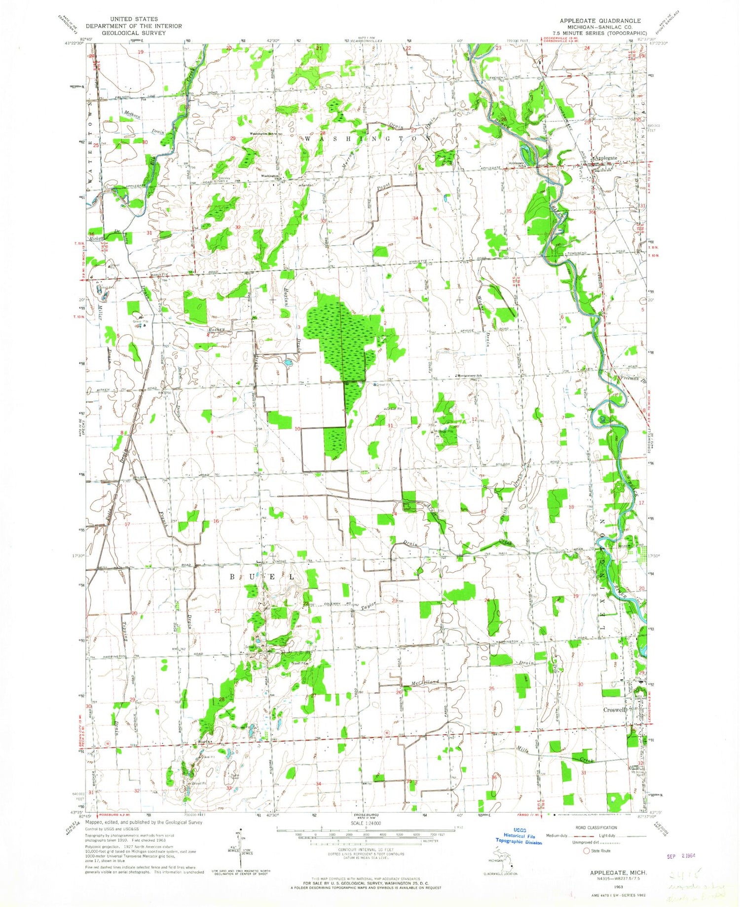 Classic USGS Applegate Michigan 7.5'x7.5' Topo Map Image