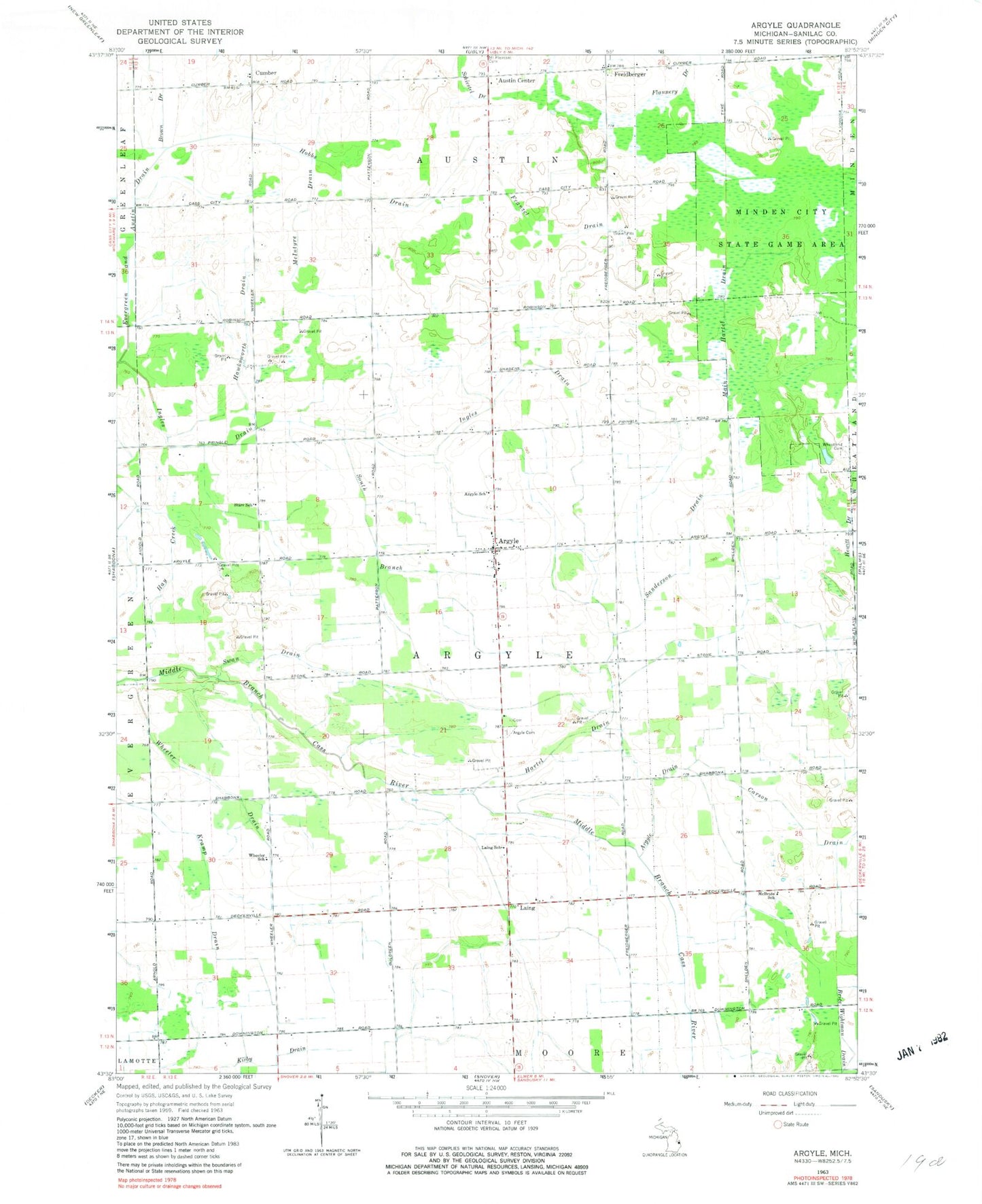 Classic USGS Argyle Michigan 7.5'x7.5' Topo Map Image
