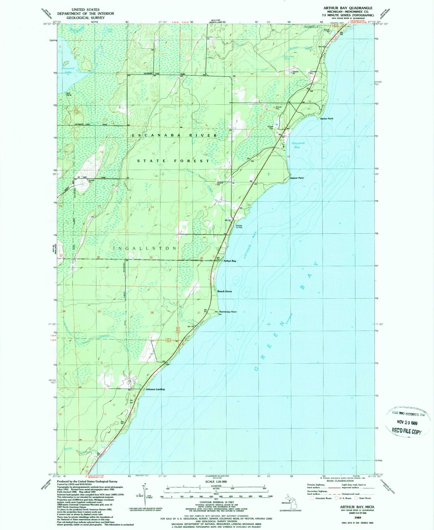 Classic USGS Arthur Bay Michigan 7.5'x7.5' Topo Map Image