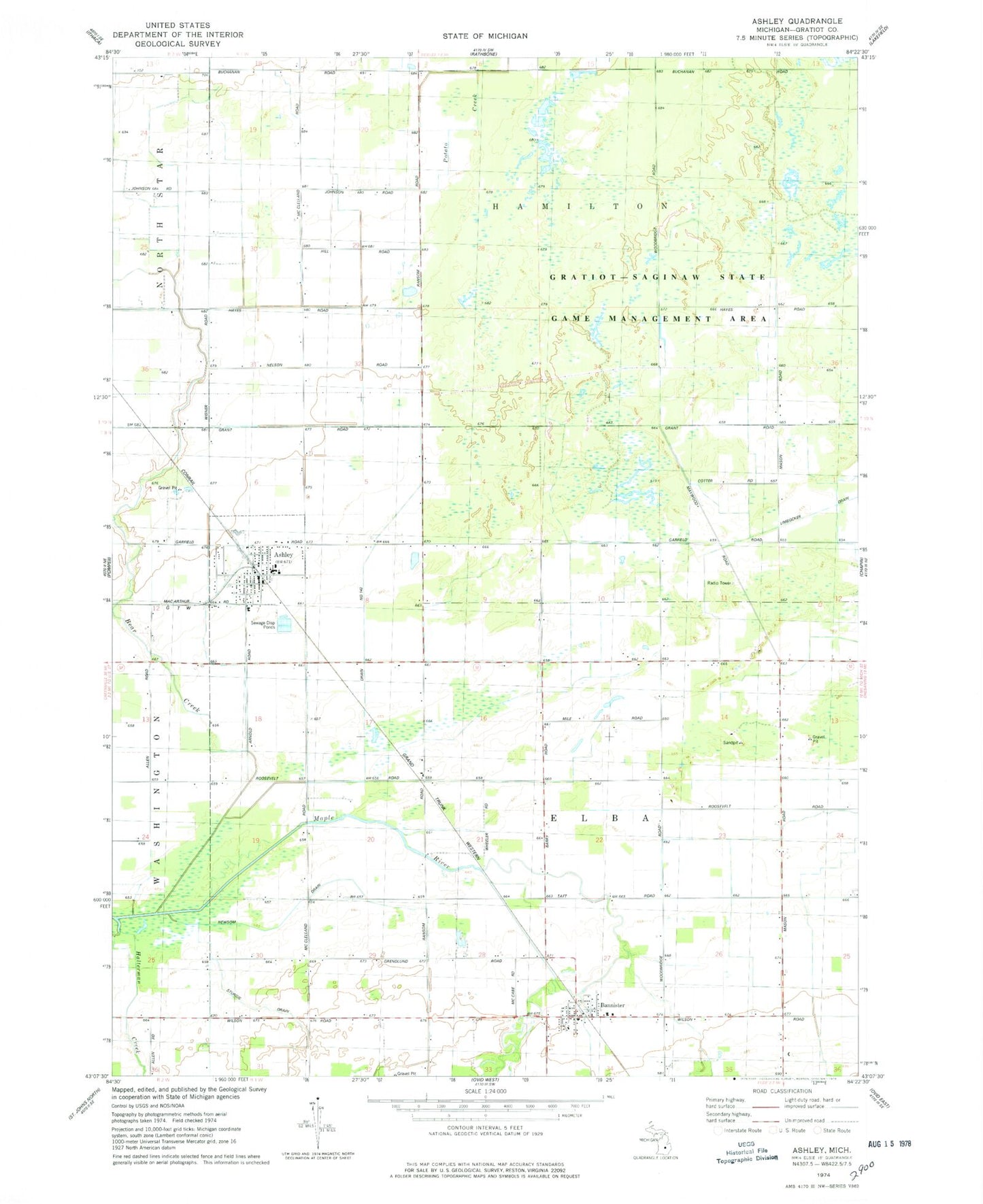 Classic USGS Ashley Michigan 7.5'x7.5' Topo Map Image