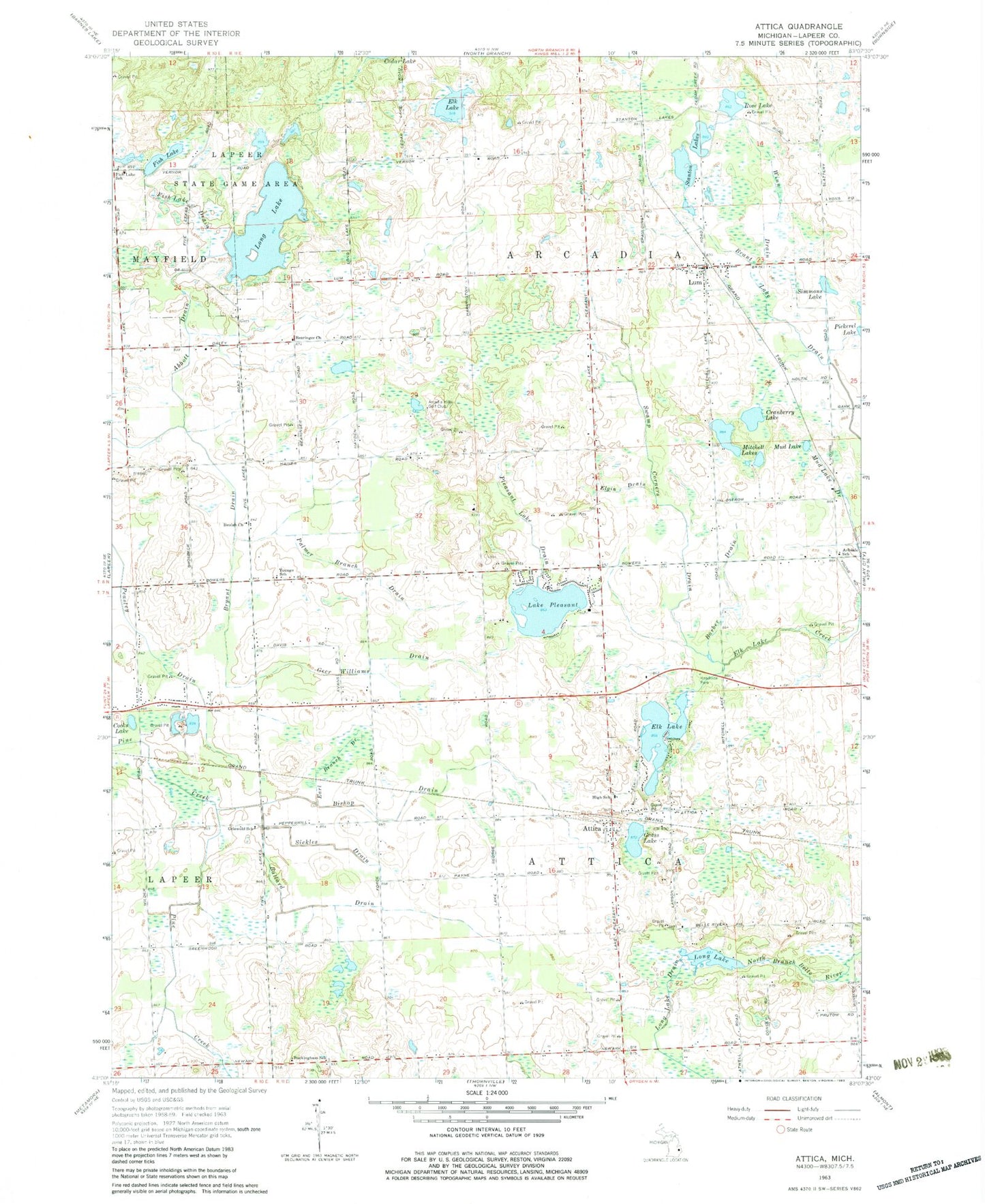 Classic USGS Attica Michigan 7.5'x7.5' Topo Map Image