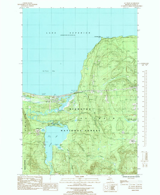 Classic USGS Au Train Michigan 7.5'x7.5' Topo Map Image