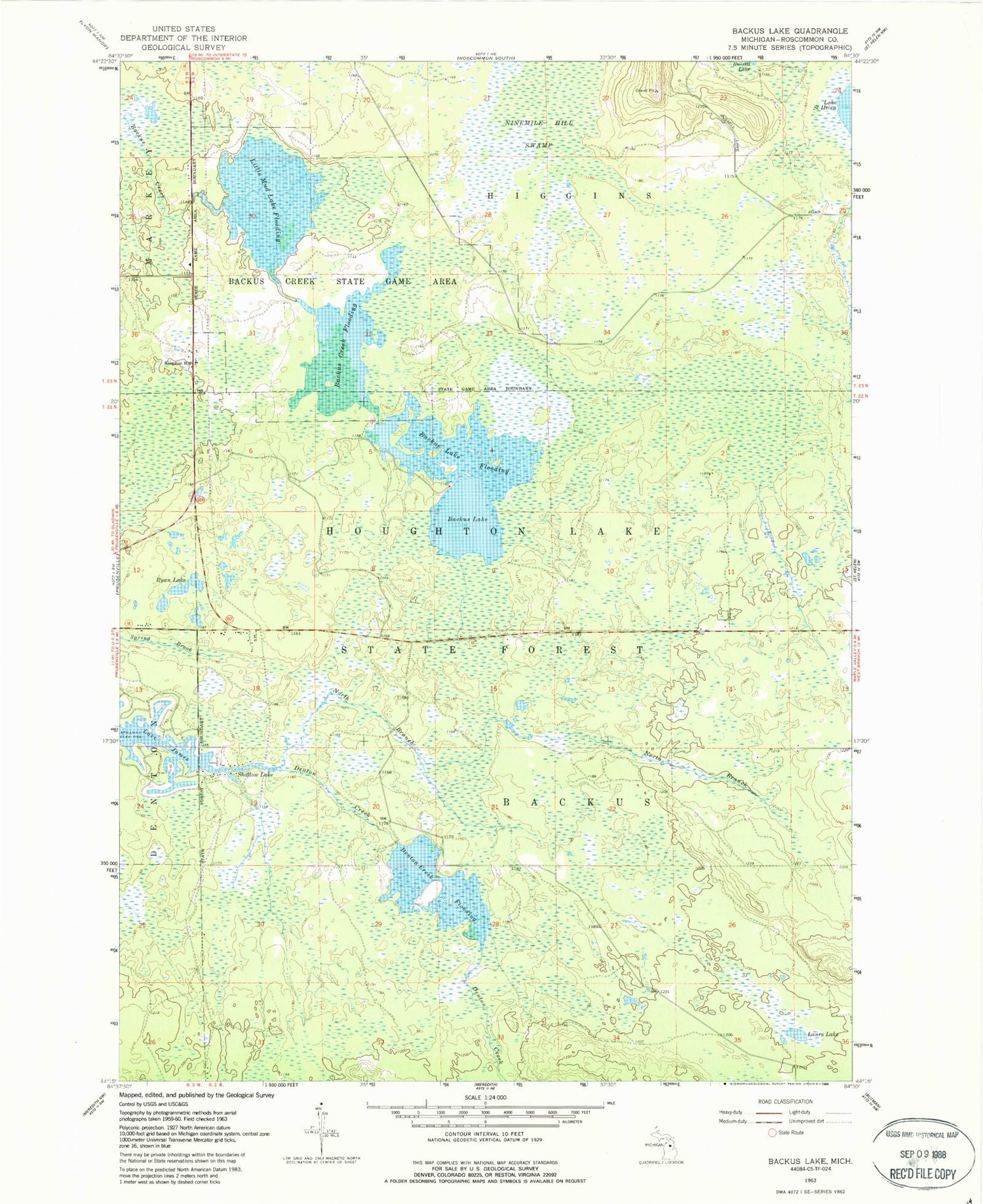 Classic USGS Backus Lake Michigan 7.5'x7.5' Topo Map Image