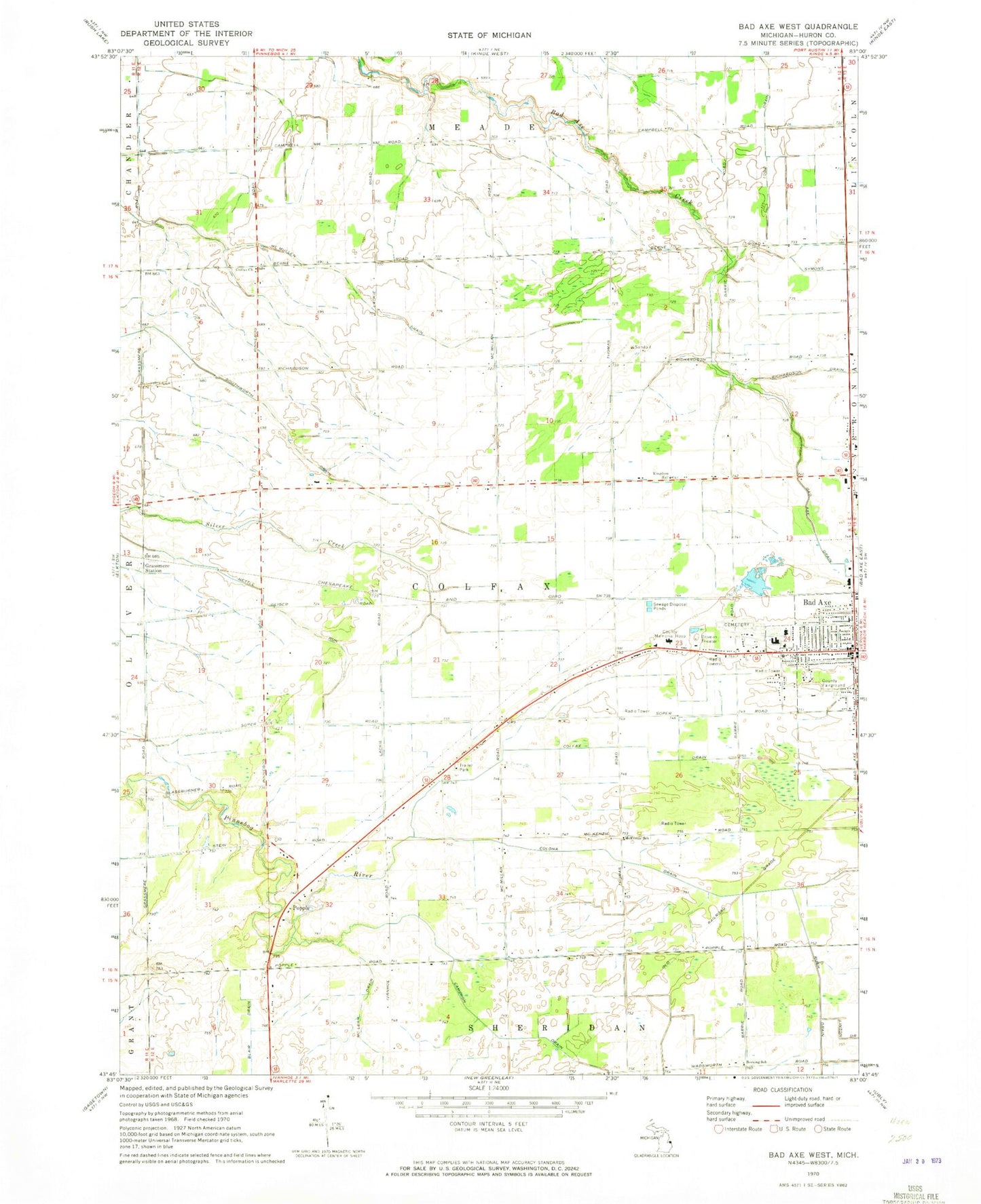 Classic USGS Bad Axe West Michigan 7.5'x7.5' Topo Map Image