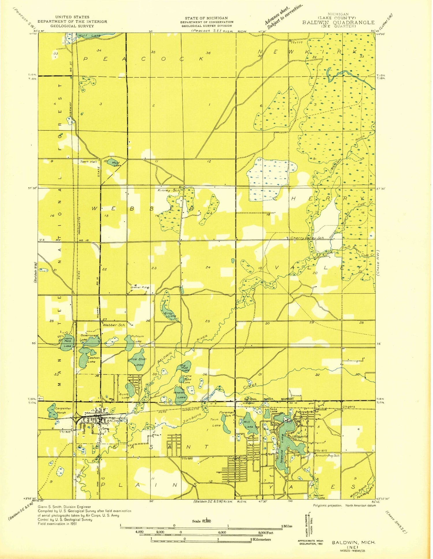 Classic USGS Baldwin Michigan 7.5'x7.5' Topo Map Image