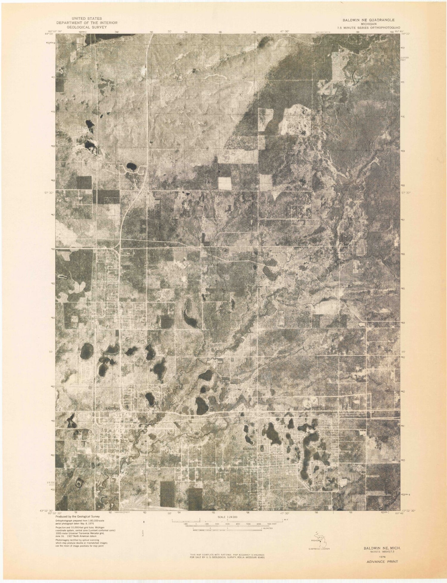 Classic USGS Baldwin Michigan 7.5'x7.5' Topo Map Image