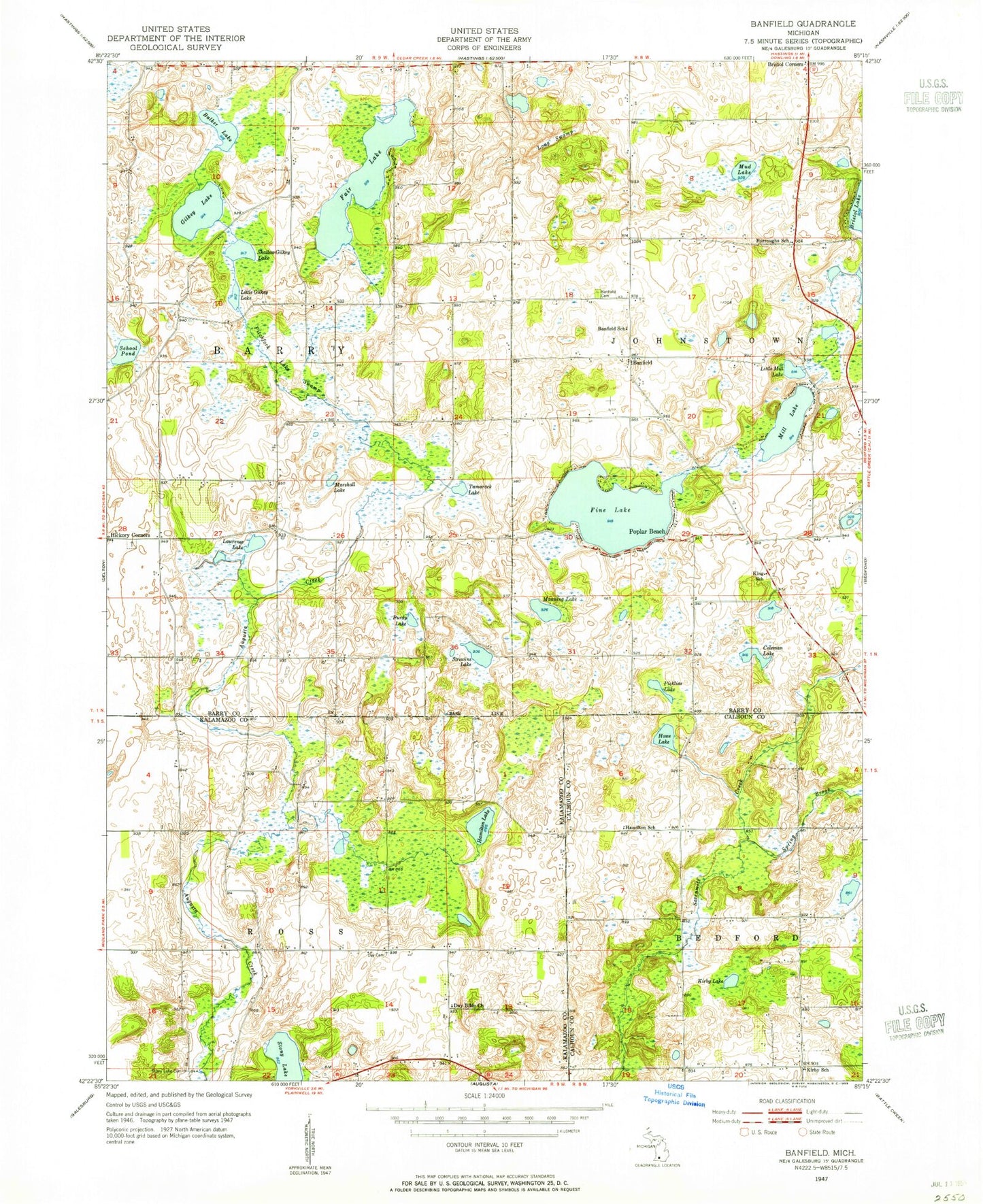 Classic USGS Banfield Michigan 7.5'x7.5' Topo Map Image