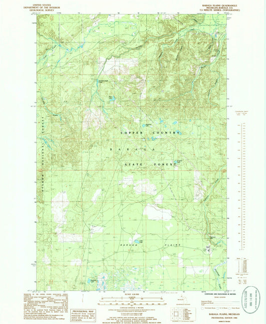 Classic USGS Baraga Plains Michigan 7.5'x7.5' Topo Map Image