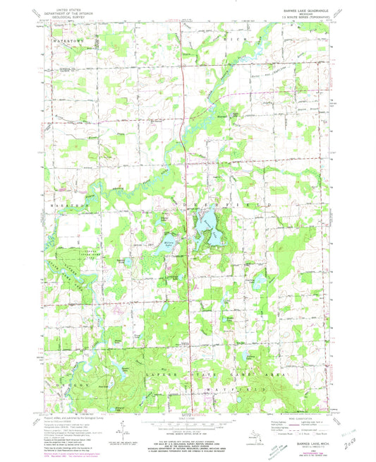 Classic USGS Barnes Lake Michigan 7.5'x7.5' Topo Map Image