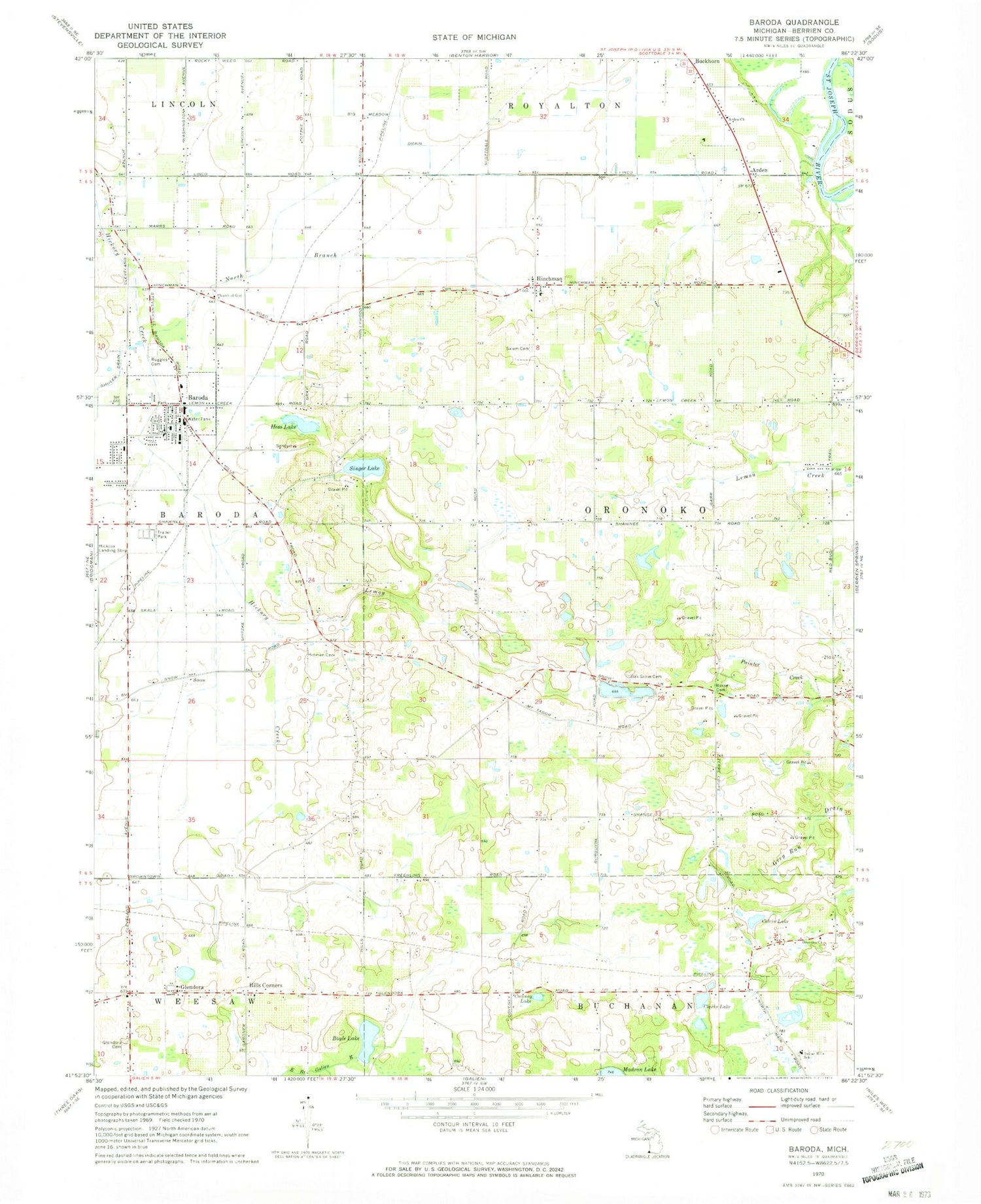 Classic USGS Baroda Michigan 7.5'x7.5' Topo Map Image