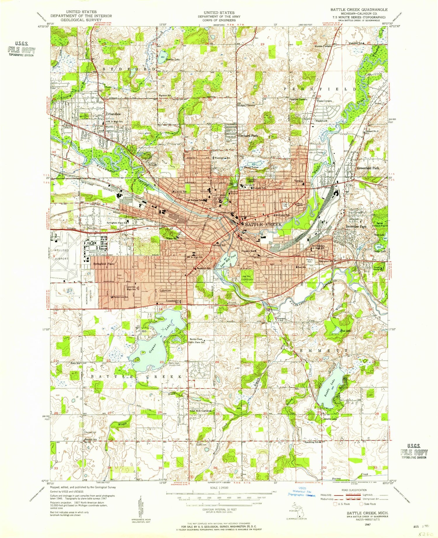 Classic USGS Battle Creek Michigan 7.5'x7.5' Topo Map Image
