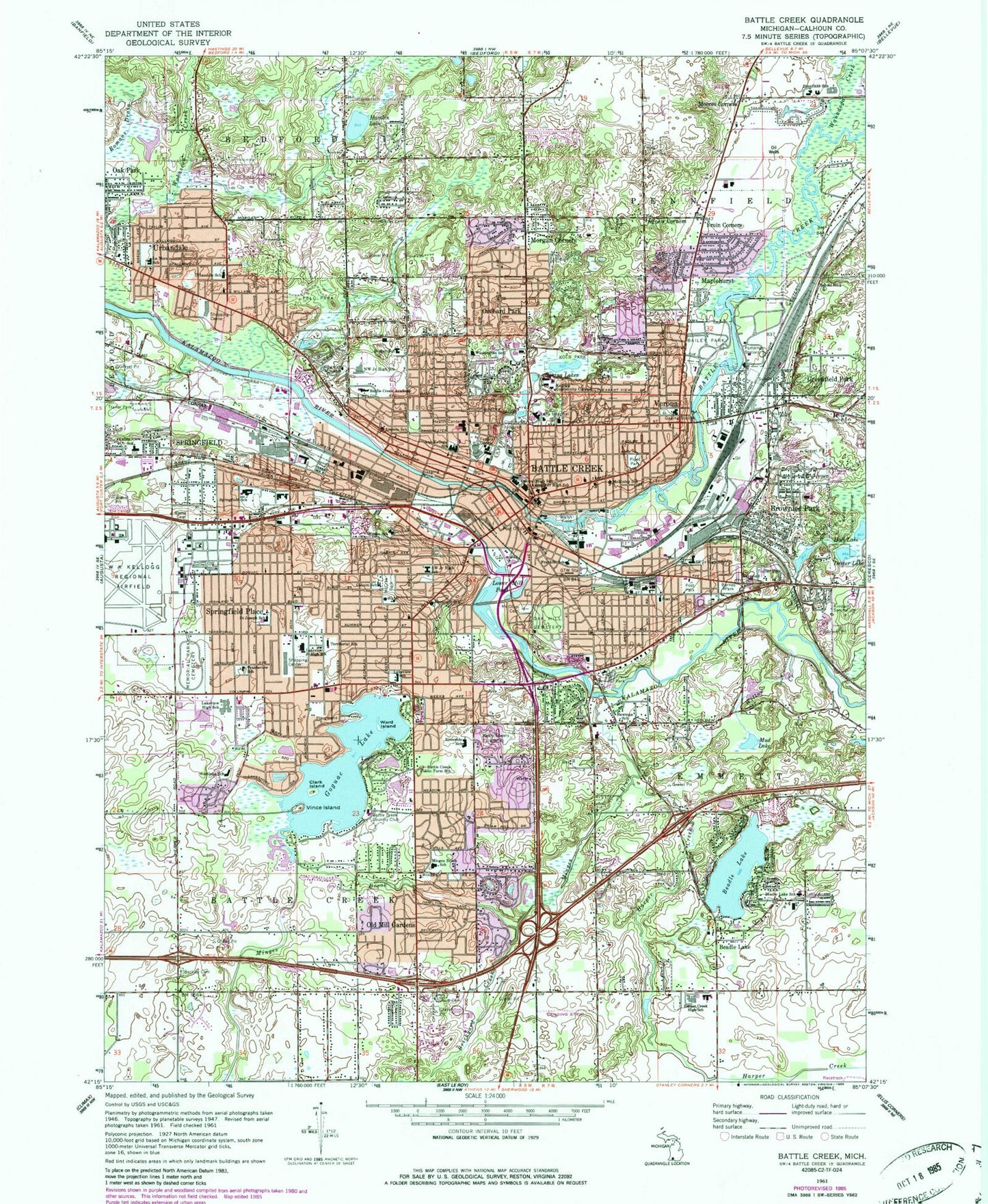 Classic USGS Battle Creek Michigan 7.5'x7.5' Topo Map Image