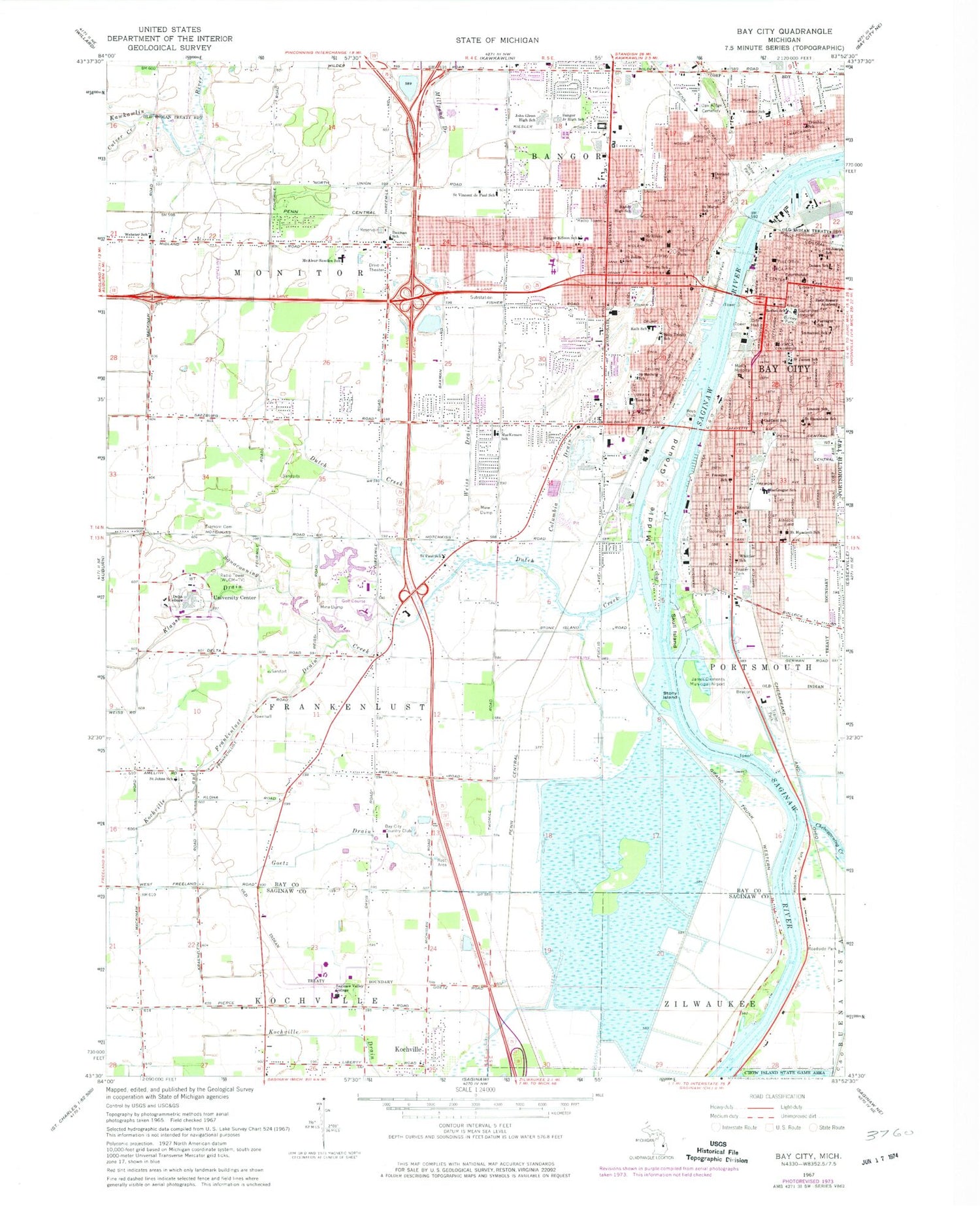 Classic USGS Bay City Michigan 7.5'x7.5' Topo Map Image