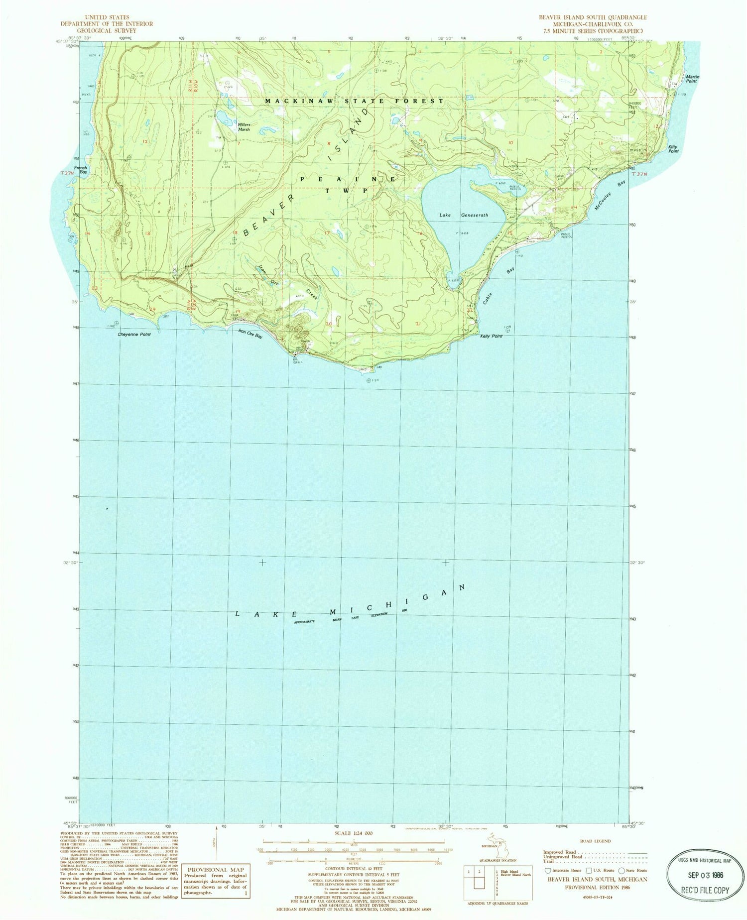 Classic USGS Beaver Island South Michigan 7.5'x7.5' Topo Map Image