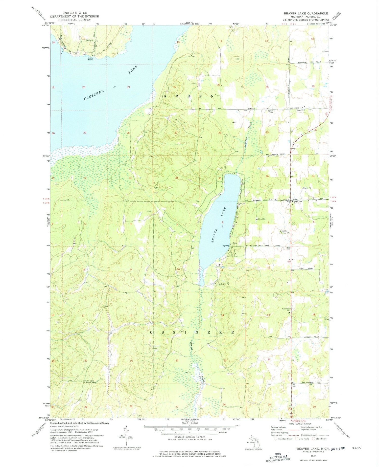 Classic USGS Beaver Lake Michigan 7.5'x7.5' Topo Map Image
