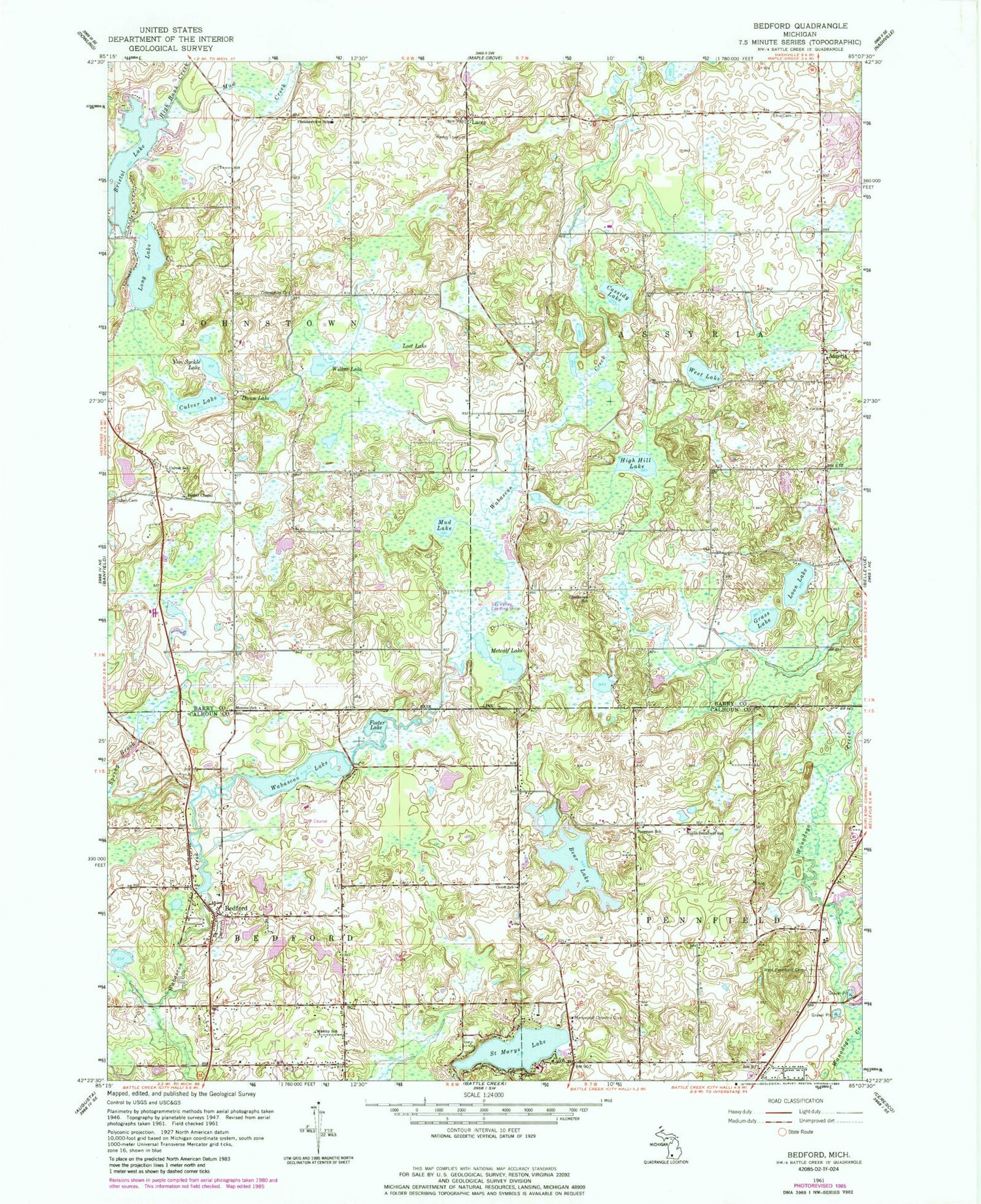 Classic USGS Bedford Michigan 7.5'x7.5' Topo Map Image