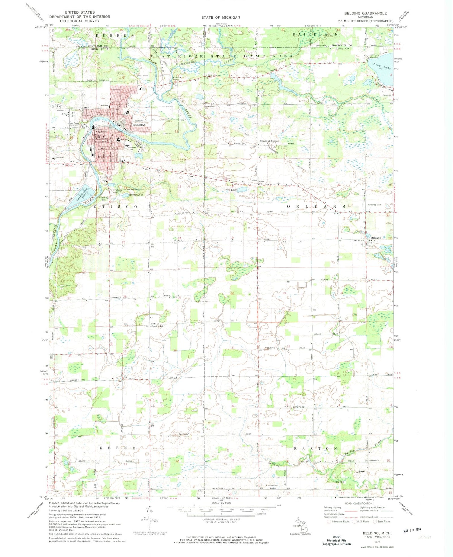 Classic USGS Belding Michigan 7.5'x7.5' Topo Map Image
