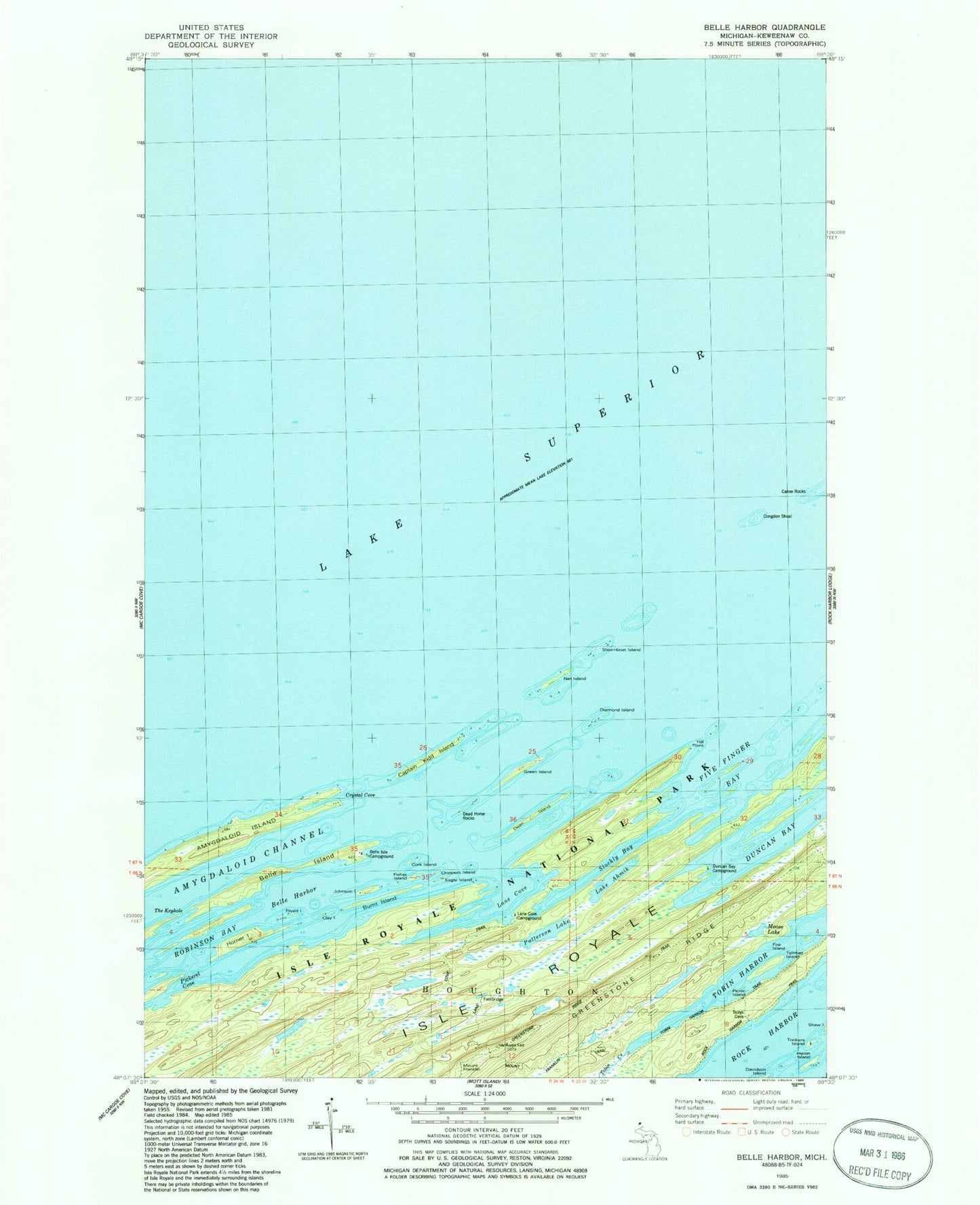 Classic USGS Belle Harbor Michigan 7.5'x7.5' Topo Map Image