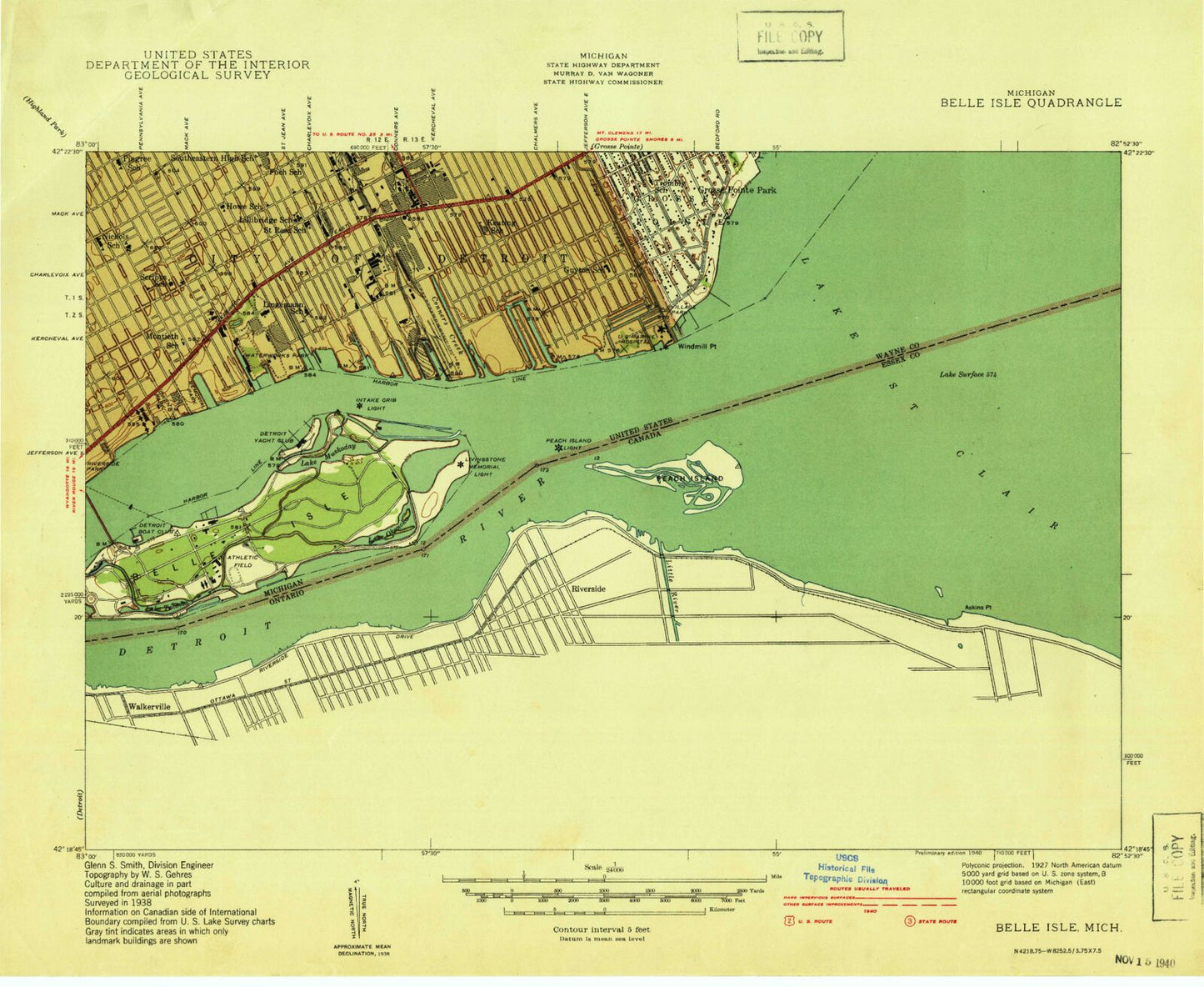 Classic USGS Belle Isle Michigan 7.5'x7.5' Topo Map Image