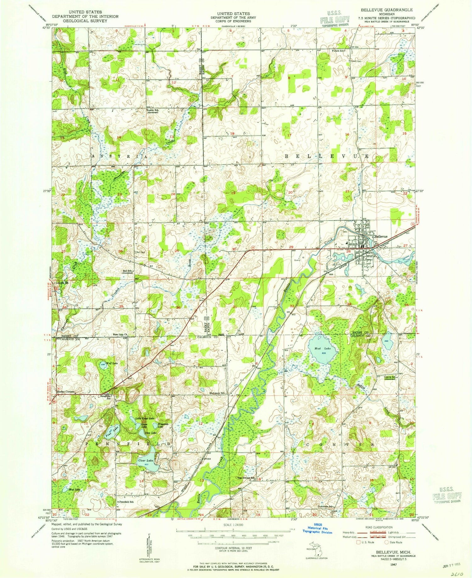 Classic USGS Bellevue Michigan 7.5'x7.5' Topo Map Image